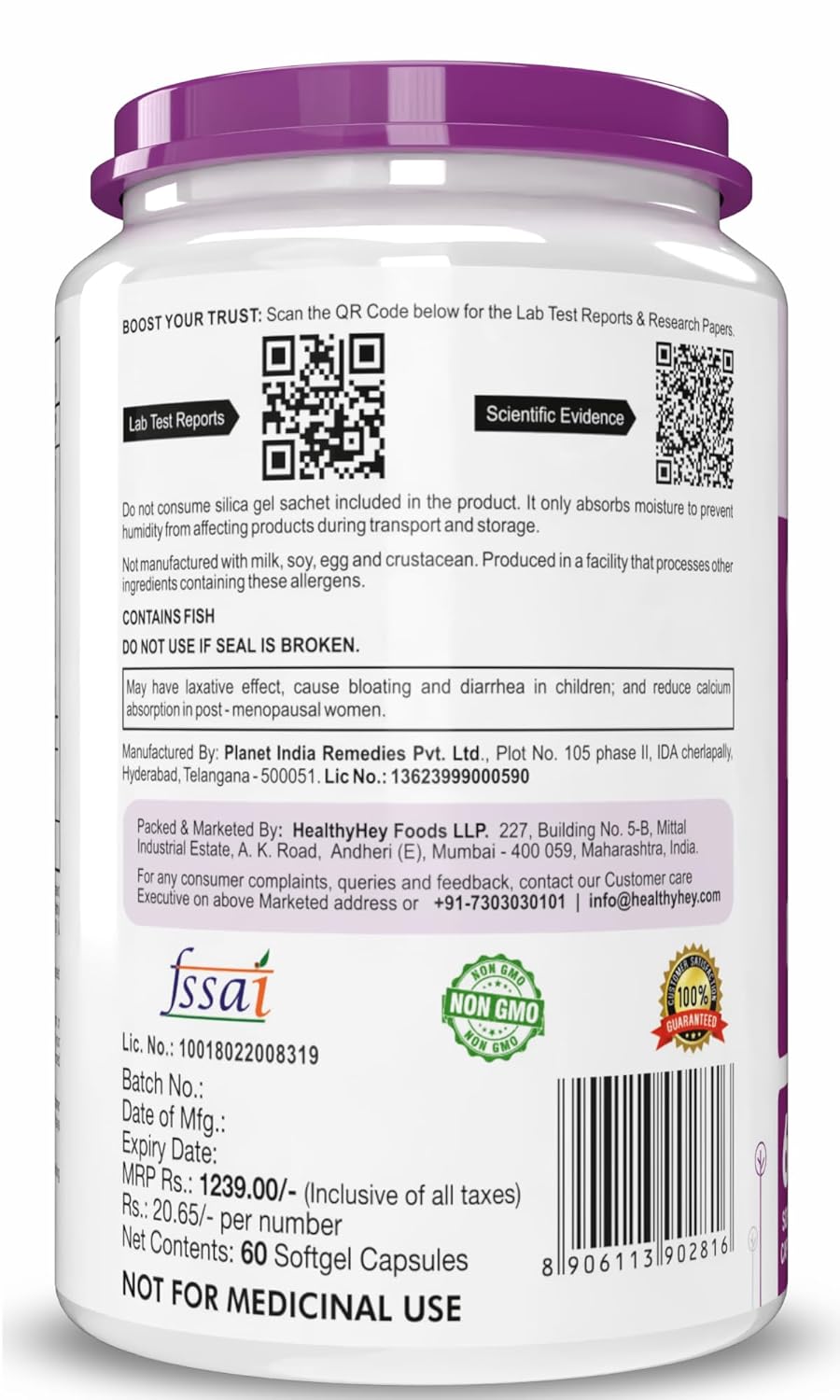 Supplement container with purple lid and various labels on a white background