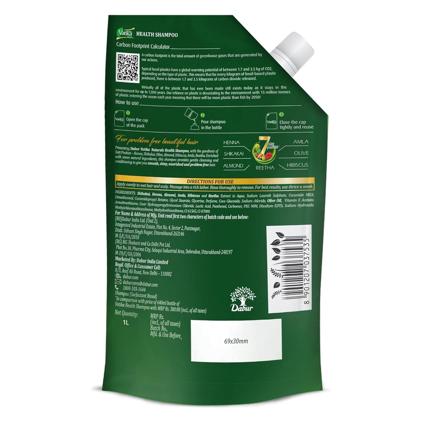 Green shampoo packaging with text and branding on a white background