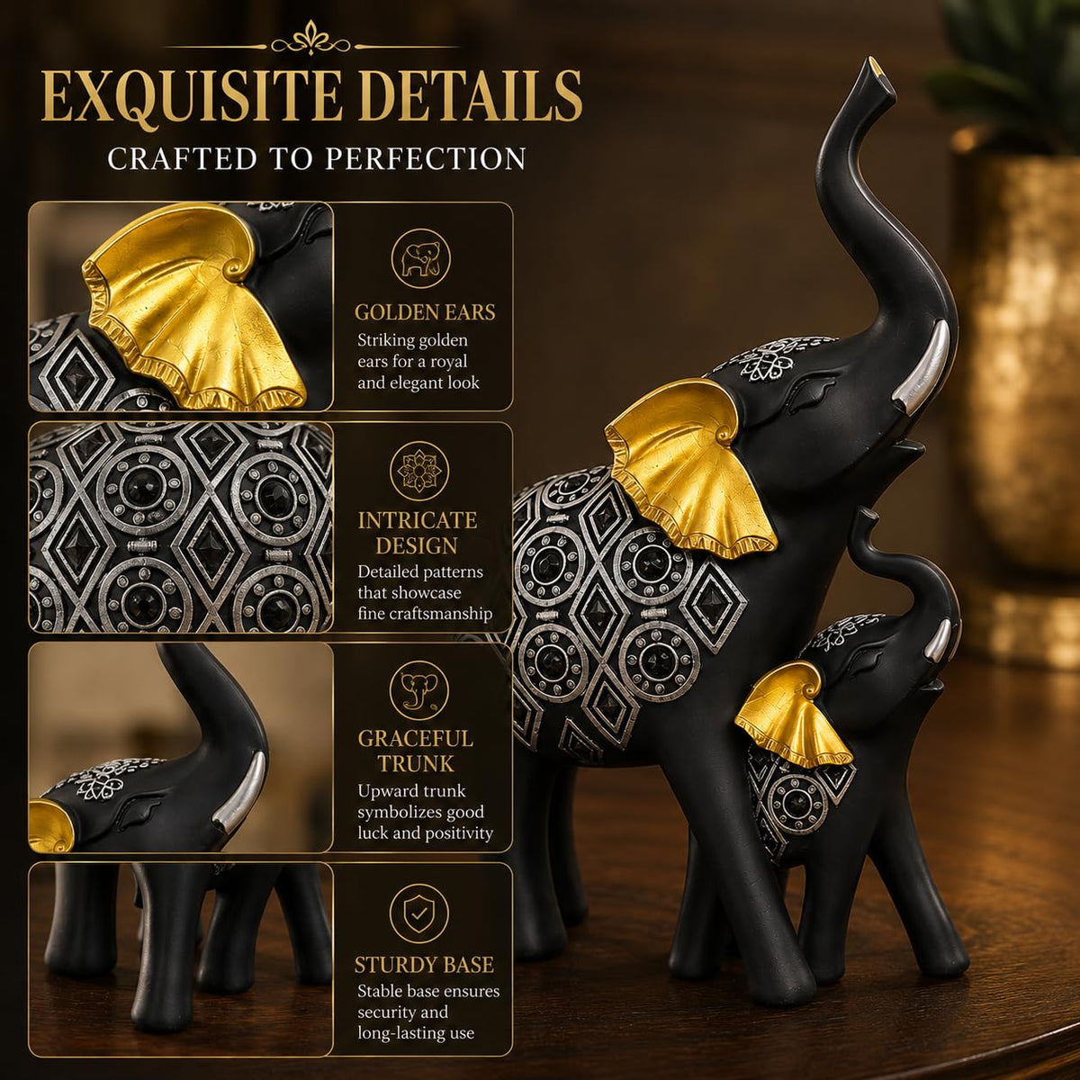 Black Elephant Figurines Showpiece with Silver Carving & Golden Ears | Decorative Resin Elephant Statue on Wooden Base | Good Luck Home Décor Gift for Living Room | Office & Festivals