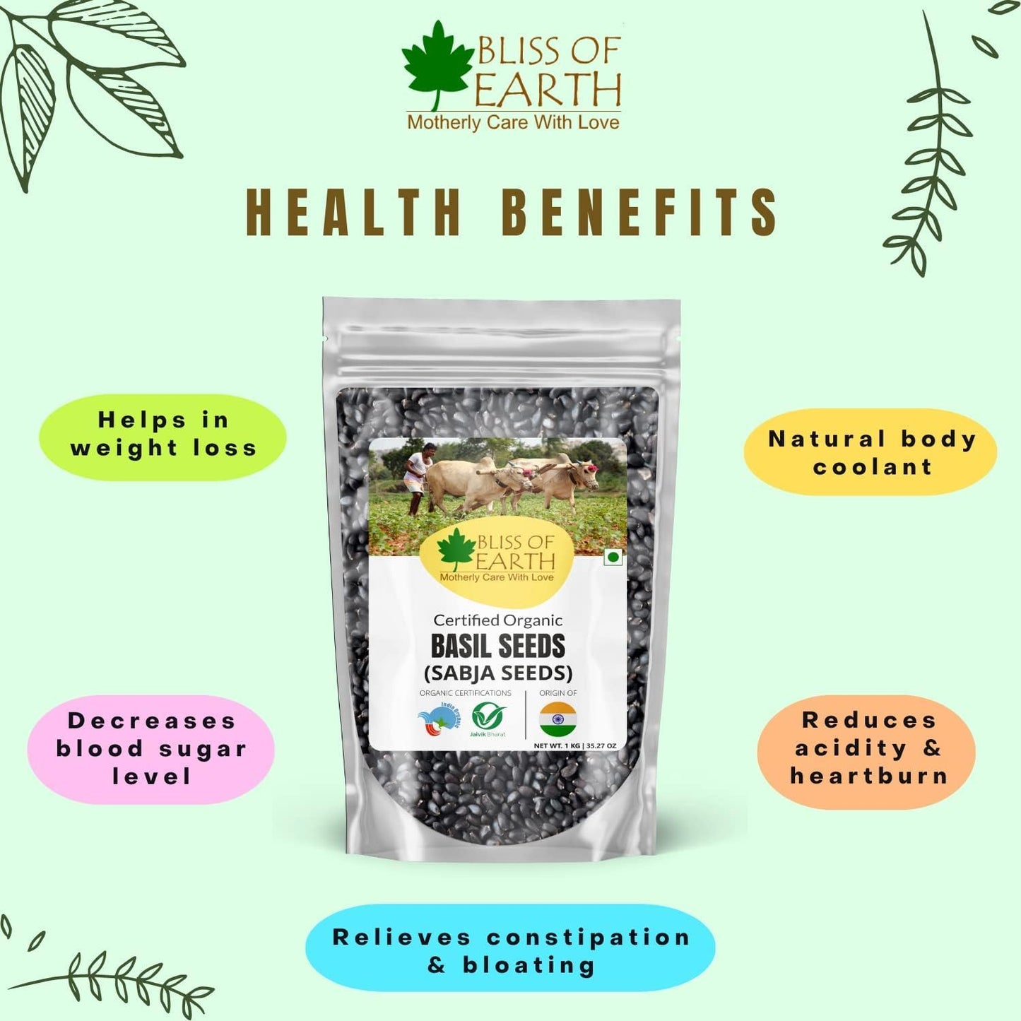 Bliss of Earth Basil Seeds Organic Sabja Seeds, Tukmaria Seeds Fiber & Omega-3 Rich Good for weight loss, Hydration Tiny Power House 1KG