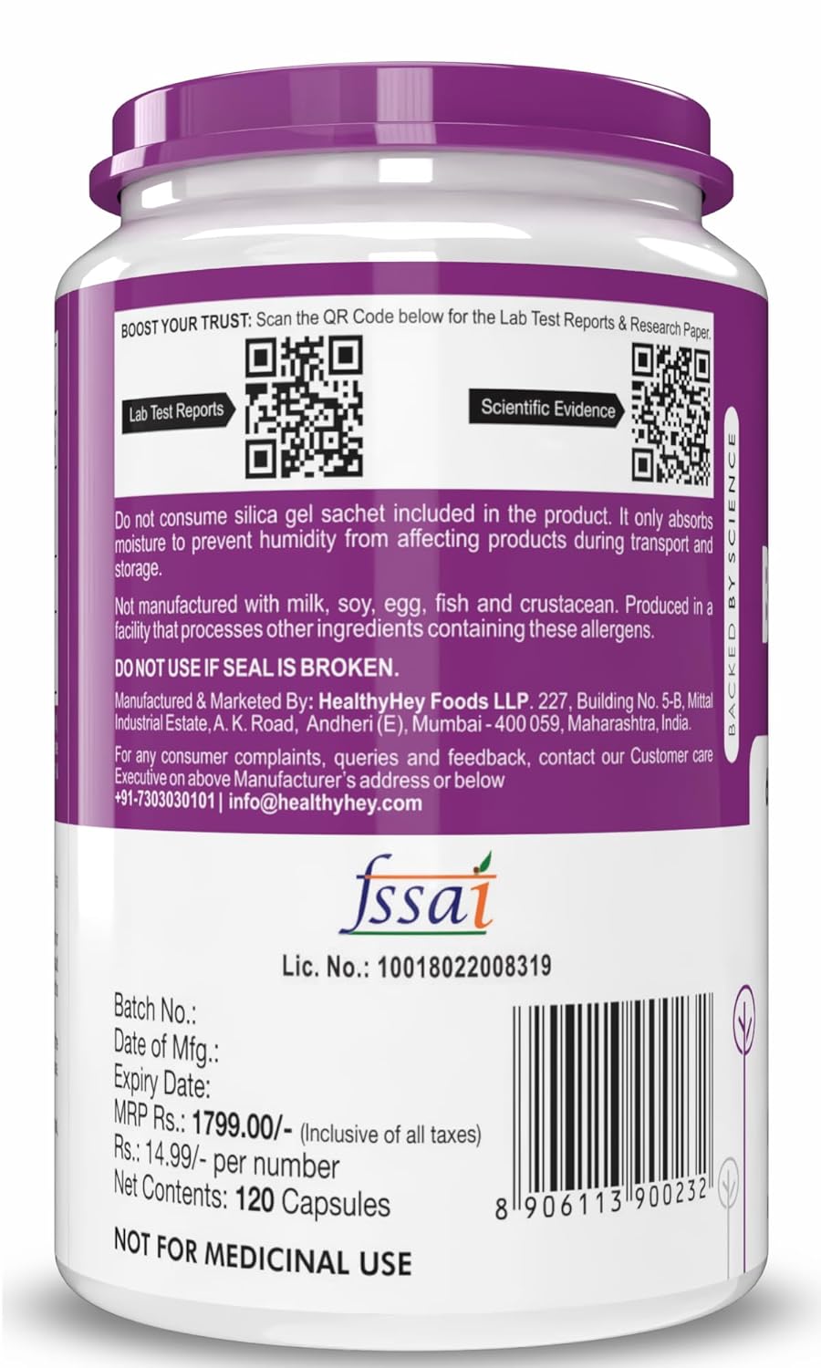 Supplement container with purple lid and white body, displaying FSSAI certification.