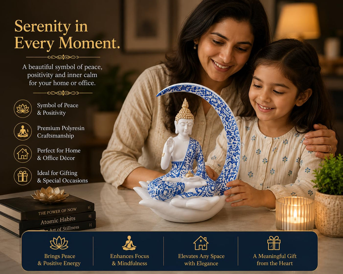 Blue & White Meditating Buddha Idol – Resin Showpiece with Moon & Lotus Hand Base for Home Decor, Office & Spiritual Gift