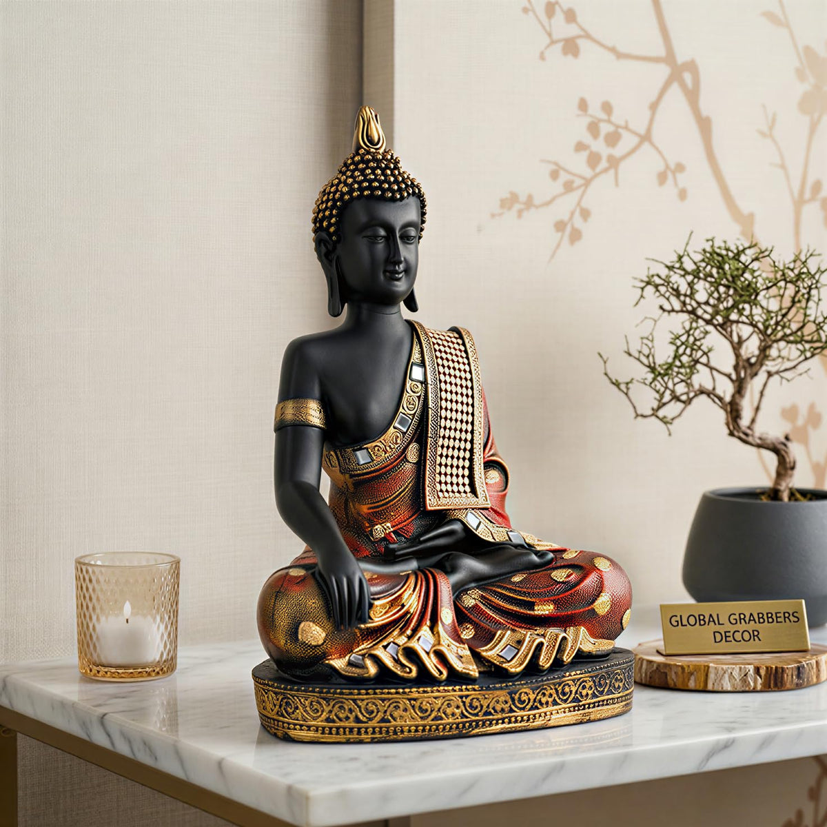 Buddha Idol Statue | Home Decoration Items for Living Room (FIRE RED Black)