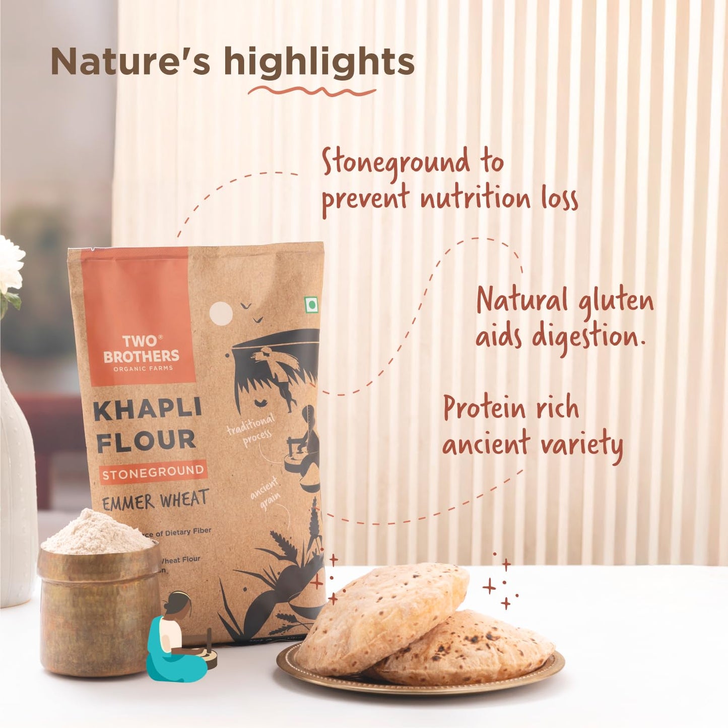 Two Brothers Organic Farms - Khapli Wheat Flour (1 kg) | High Dietary Fiber for Easy Digestion | Stoneground Emmer Wheat Flour | Khapli Atta