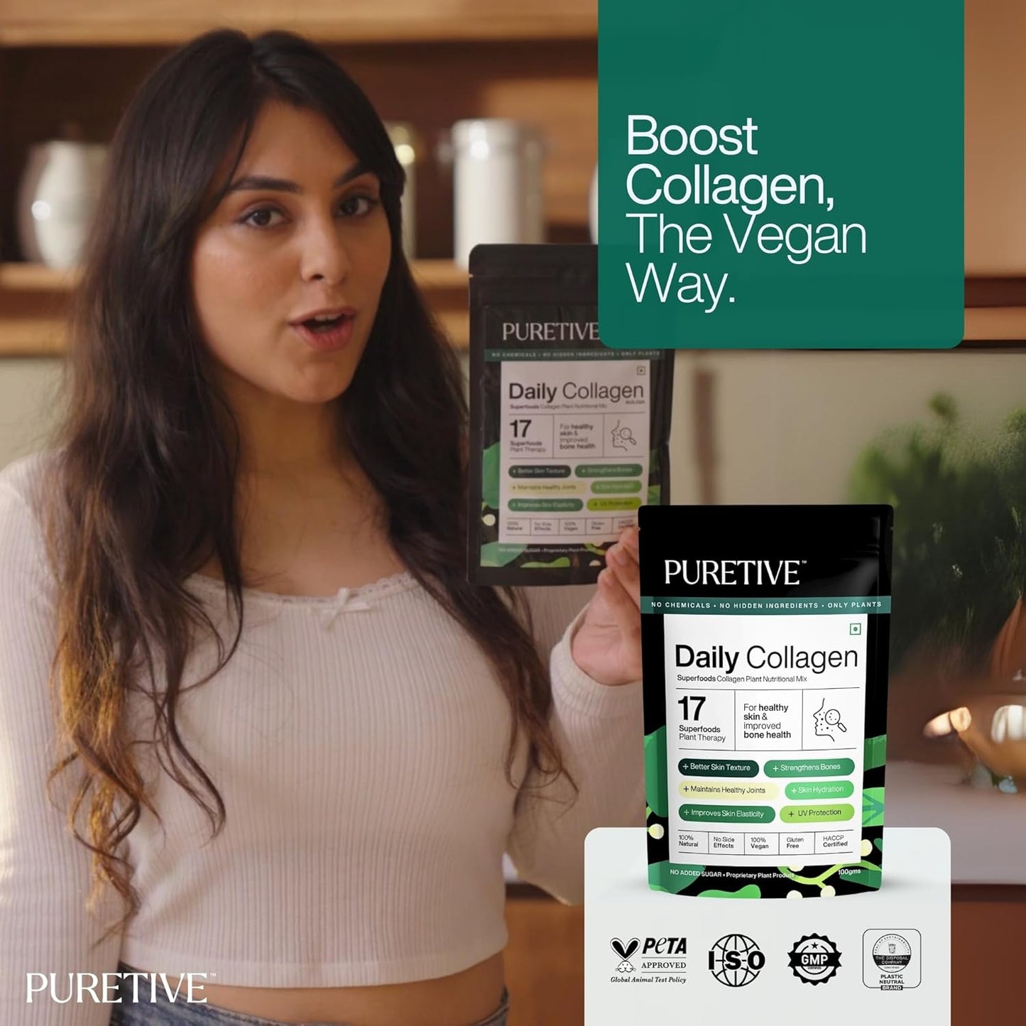 Puretive Daily Collagen Builder | Plant Based Vegan Powder | Marine Collagen Alternative | For Glowing Skin, Hair, Nails, Joint & Bone Support | Vitamin C Botanical Blend | 100g Supplement