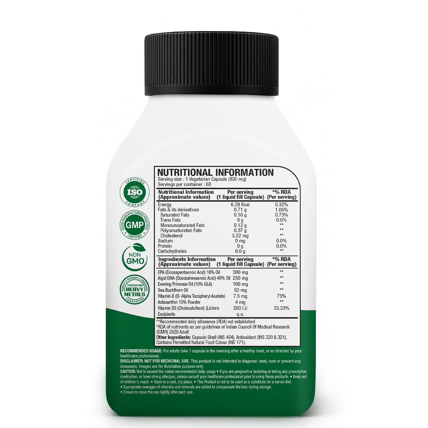 WOW Life Science Advanced Veg Omega 3-6-7-9 | Plant-Based EPA & DHA from Algal Oil + GLA from Evening Primrose | Sea Buckthorn Oil + Astaxanthin + Vitamin D3 (Veg) & Vitamin E | Brain Focus, Heart Health, Eye Support, Skin Hydration | 60 Capsules