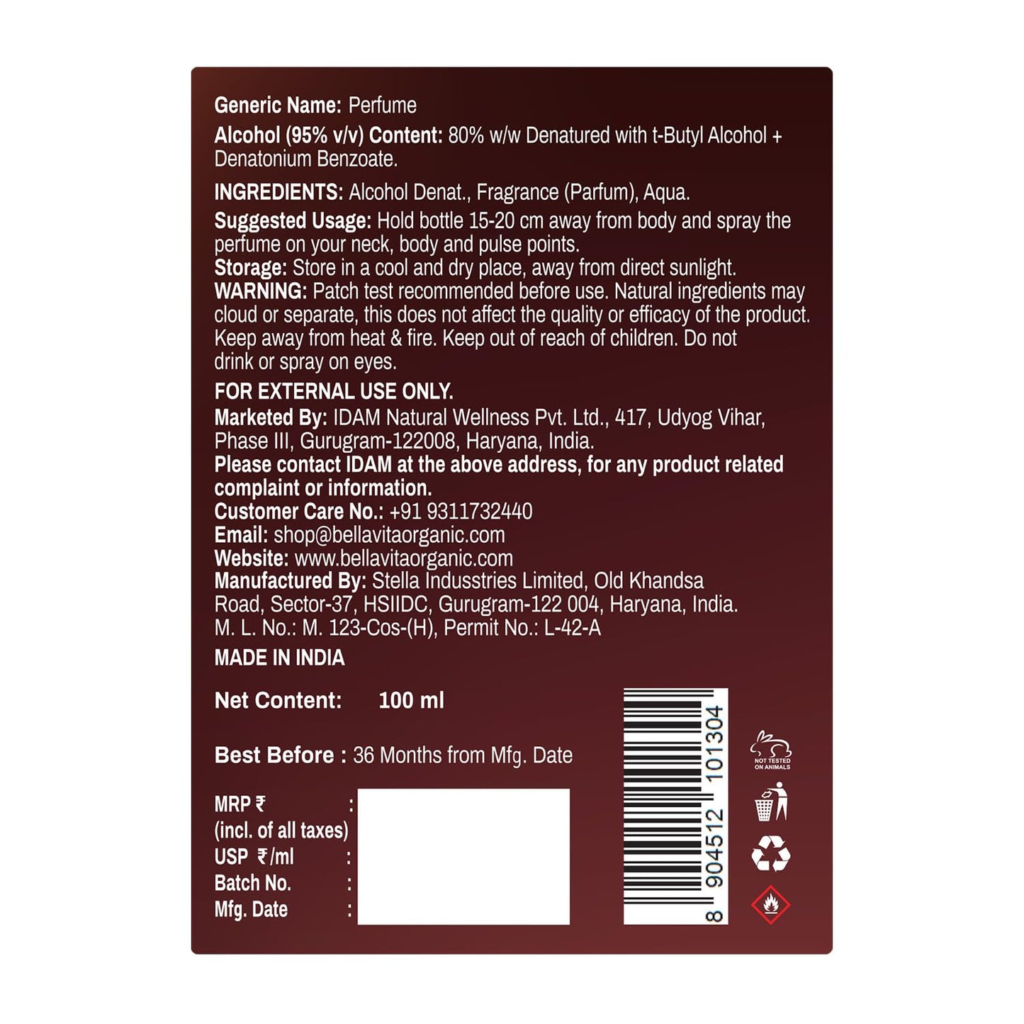Back label of a perfume bottle with text and product details.