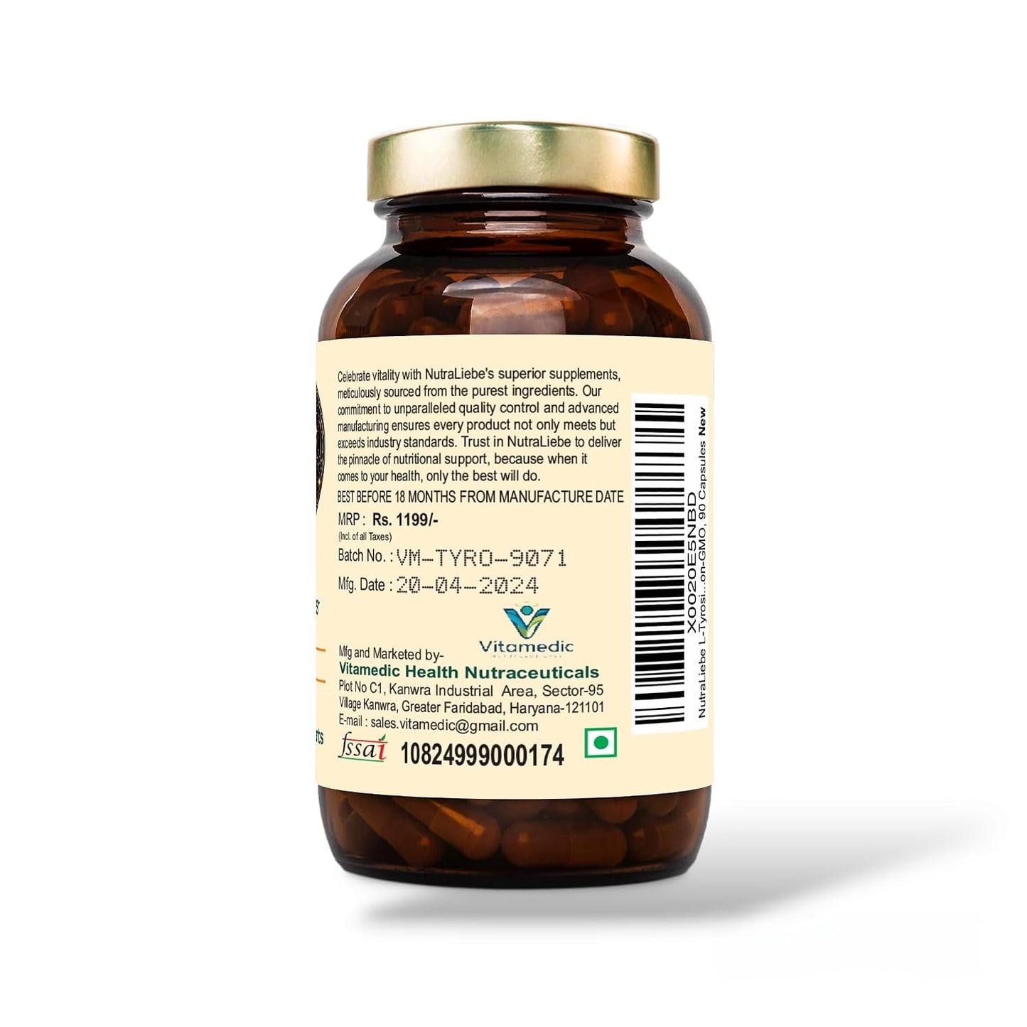 Nutraliebe L-Tyrosine 500mg - Free Form Amino Acid, Non-GMO, 90 Capsules