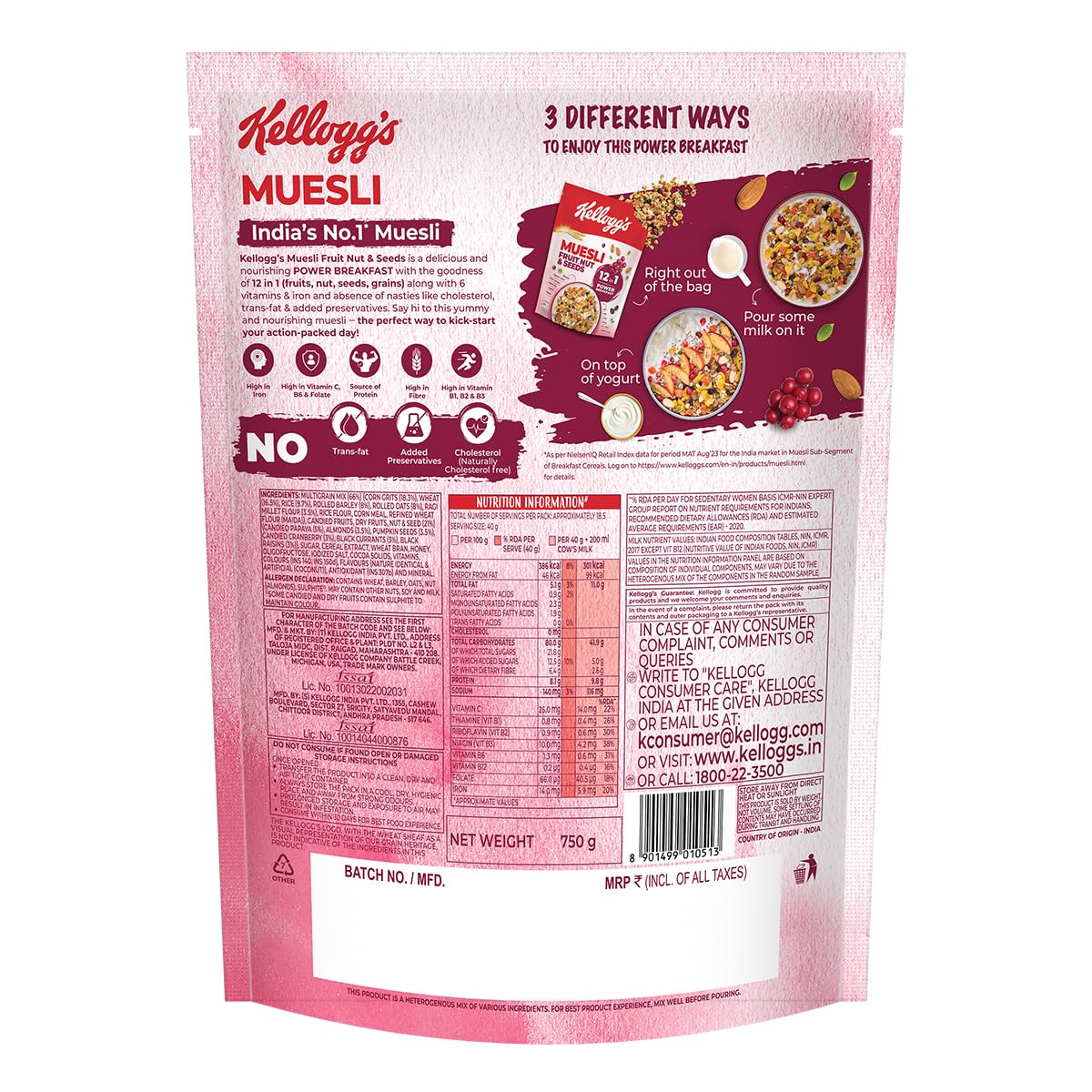 Kellogg's Muesli Fruit Nut & Seeds 750G | 12-In-1 Power Breakfast | USA'S No. 1 Muesli | Multigrain Breakfast Cereal