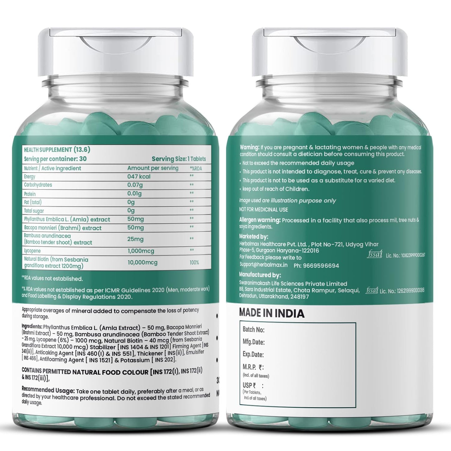Herbalmax Biotin Tablets for Hair Growth | 10000 mcg Biotin Tablet with Sesbania Grandiflora Extract โ Hair Strength & Vitamin B7 Hair Care for Men & Women | 30 Veg Tablets