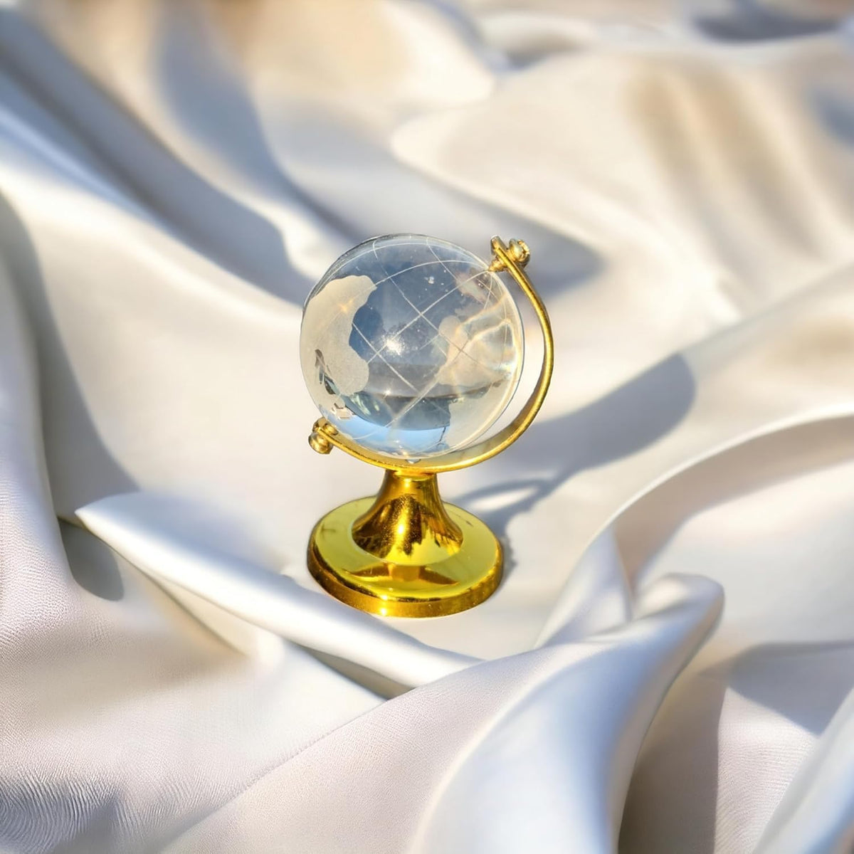 Feng Shui Crystal Globe Idol with Golden Stand | Vastu Glass Miniature Globe for Positive Energy, Success, Good Luck and Prosperity | Vastu Remedy, Study Table, Office (Export Quality)