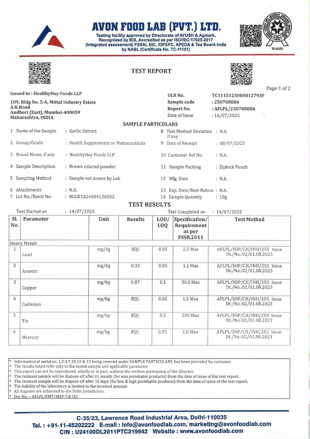 Avon Food Lab test report with various certifications and test results.