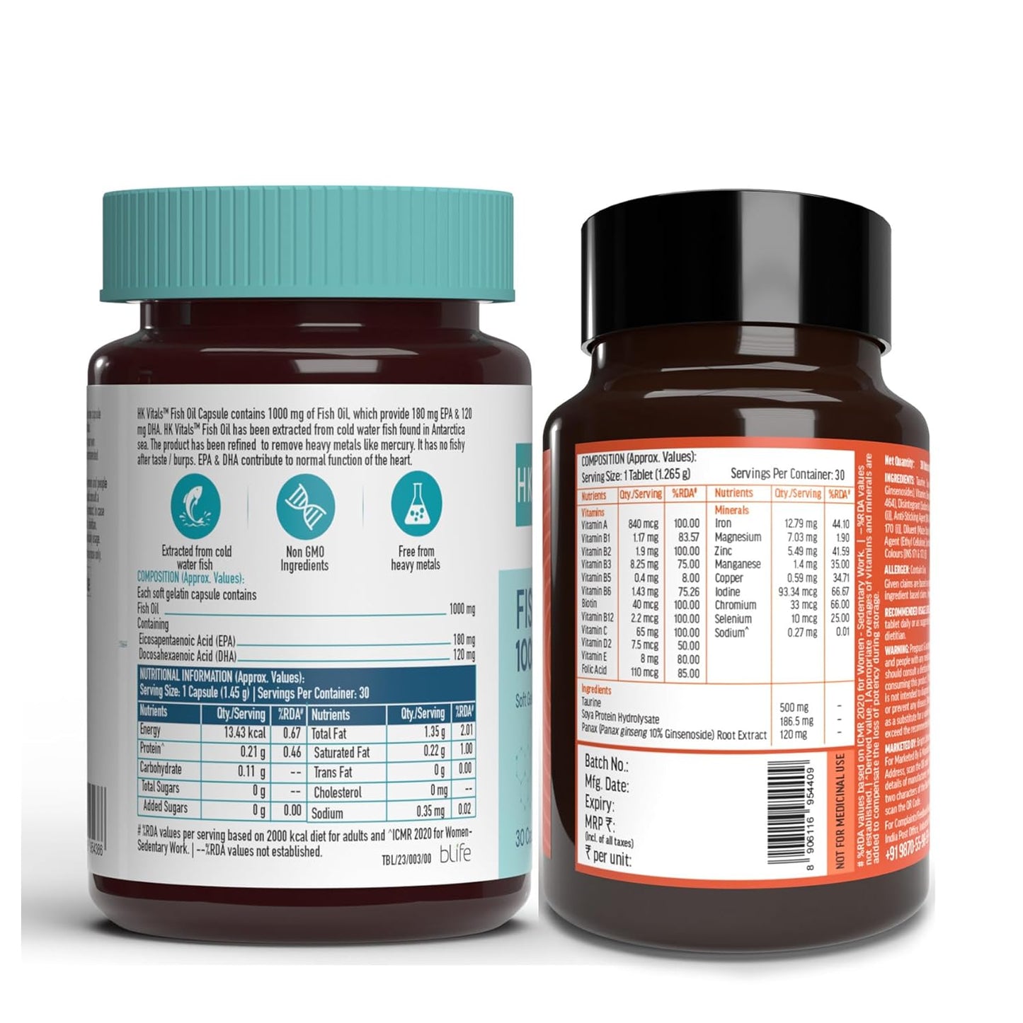 HealthKart hk vitals Fish Oil and Multivitamin (30 Tablets Each) Combo Pack | 1000mg Omega 3 with 180mg EPA & 120mg DHA | Enhances Energy, Immunity & Joints Health