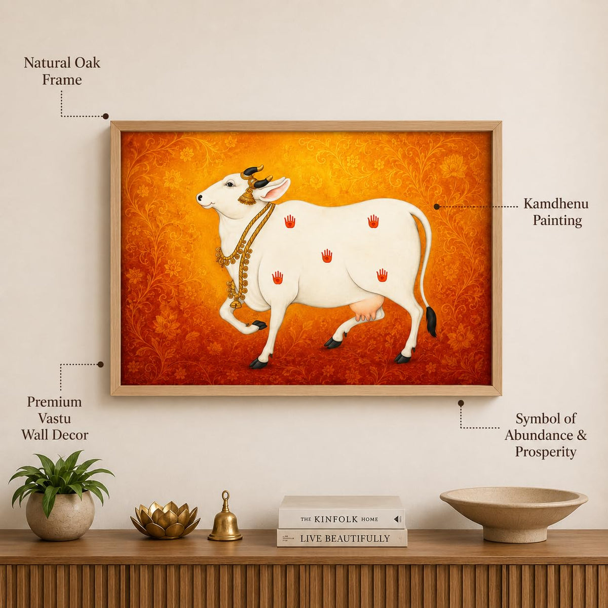 Kamdhenu Cow Vastu Wall Painting for Living Room Bedroom Hall Office Decor, Hindu Spiritual Religious Artwork, Premium Wooden Synthetic Frame (13.5 x 19.5 Inch) NM01-V-175