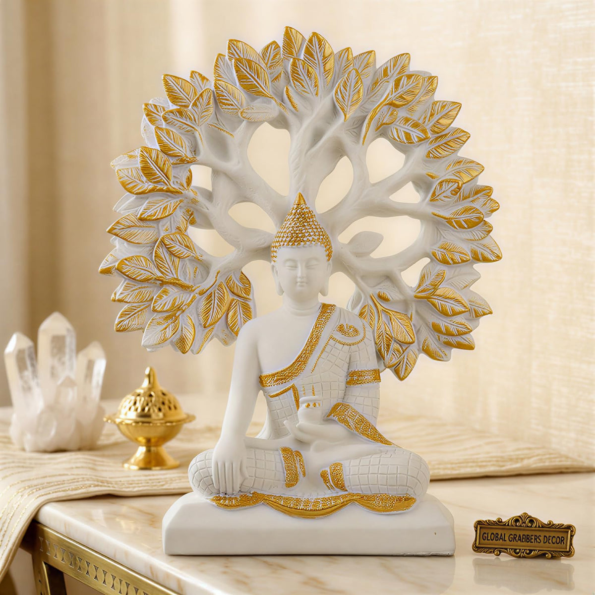 Global Grabbers Buddha Statue Showpiece Idol Home Decor Decoration Items for Living Room and Gifts (White)