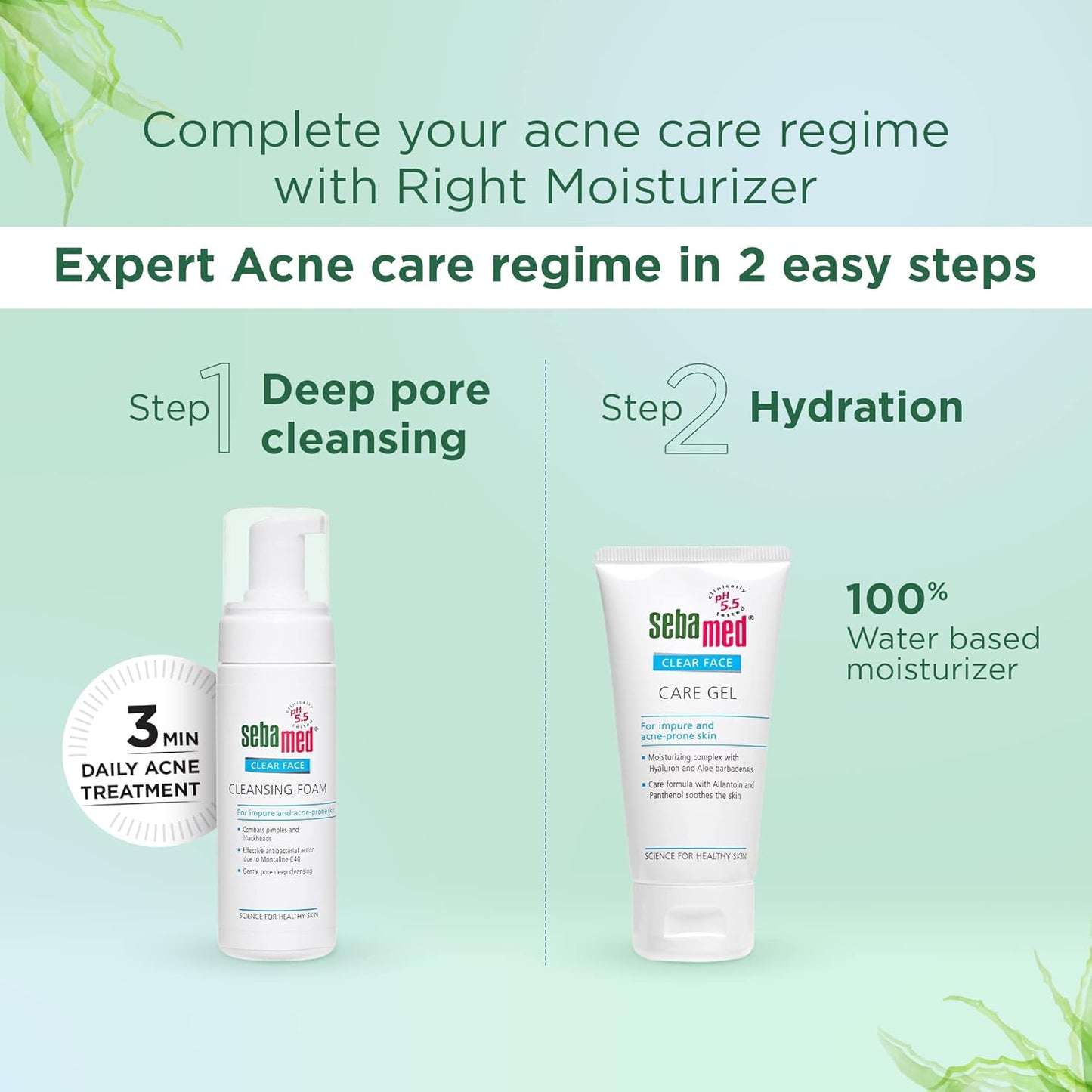 Acne care products with step-by-step guide on a light green background