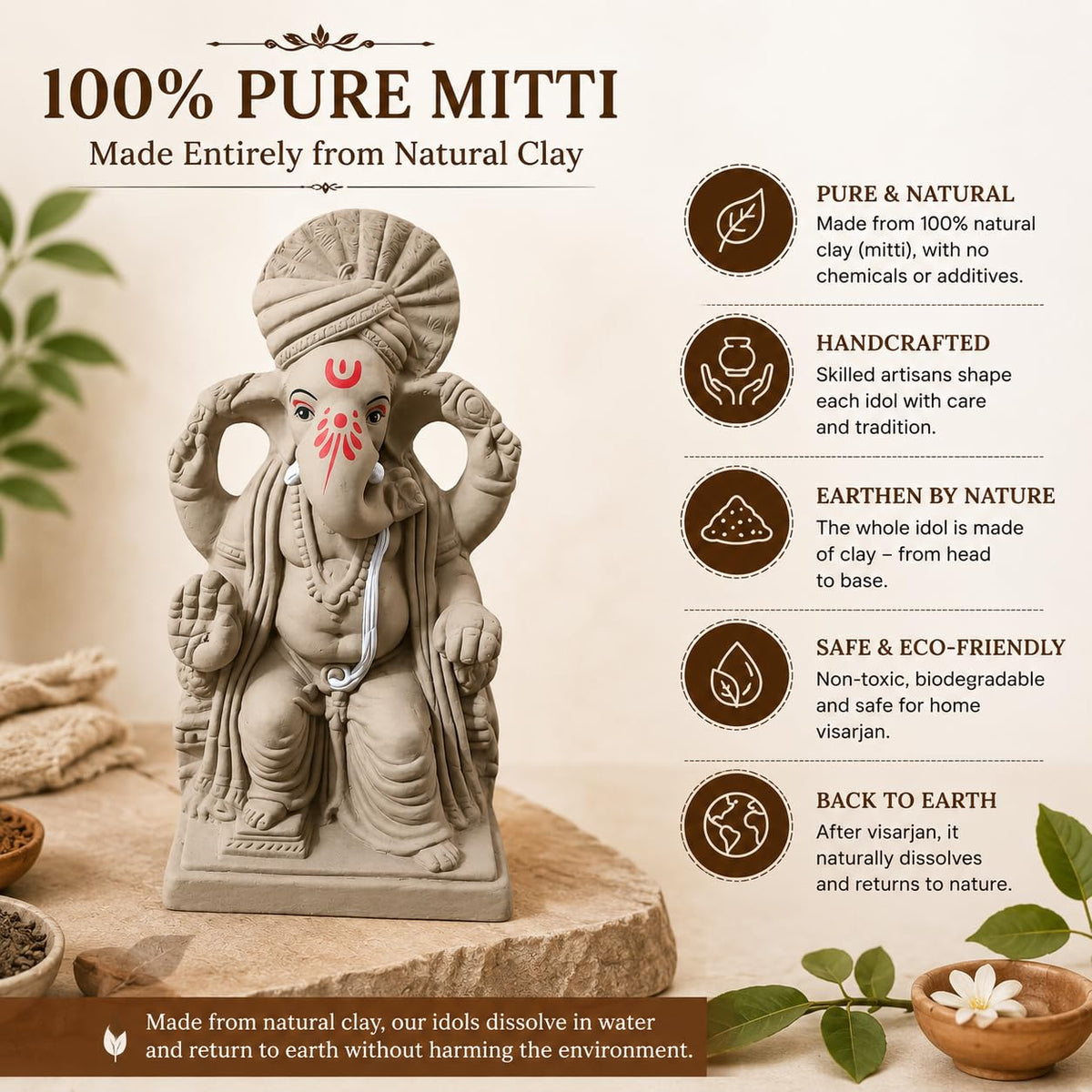 KSI 8.7inch Natural Clay Ganesh Murti | Handmade Mitti Ganpati Idol for Ganesh Chaturthi | Eco-Friendly Ganesha Idol for Home Decoration, Puja & Visarjan