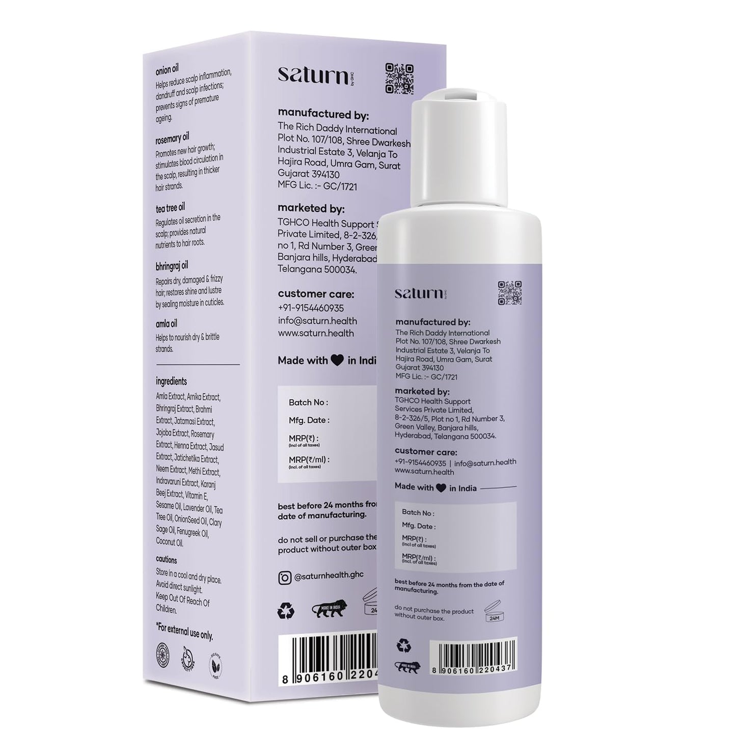 Saturn by GHC Hair Growth Oil For Hair Fall, Stronger, Thicker Hair With Onion Oil & Bhringraj Oil, Paraben Free, SLS & Sulphate Free, 200 ml