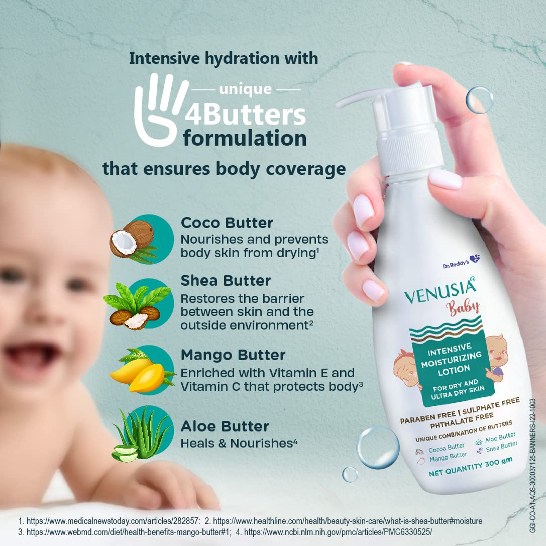 VENUSIA Dr. Reddy's Baby Intensive Moisturizing Lotion | Safe, Hydrating and Gentle | Goodness of Shea, Aloe, Cocoa and Mango Butter | Soothes Baby Skin | 300g