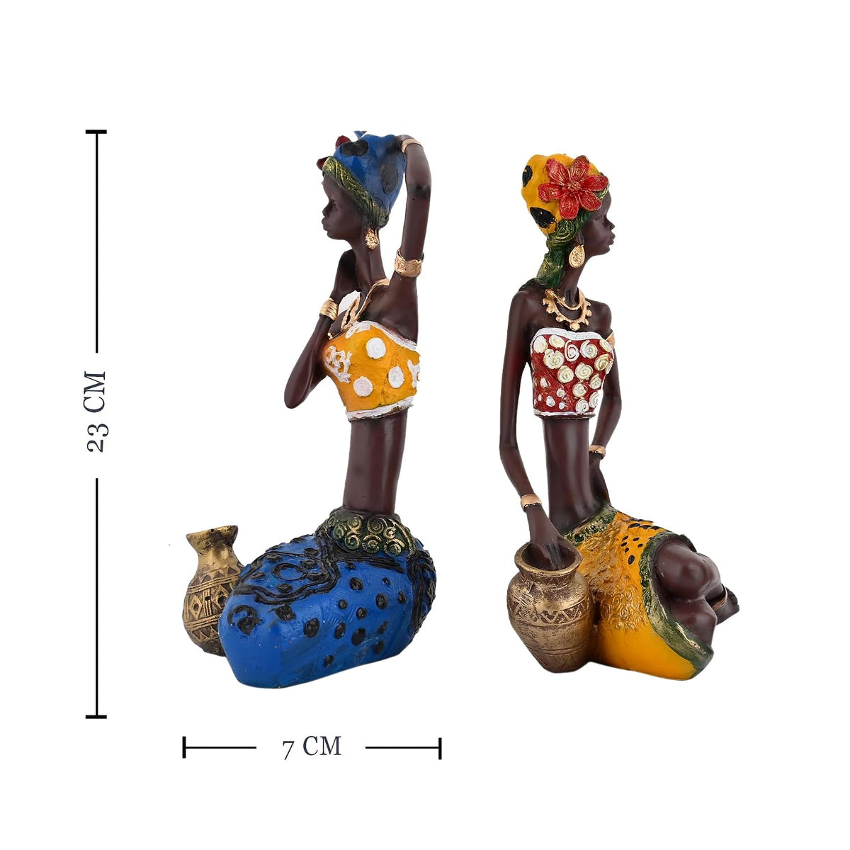 African Lady Statue with Pot| Graceful and Cultural Home Décor (Pack of 2, Yellow, Blue)