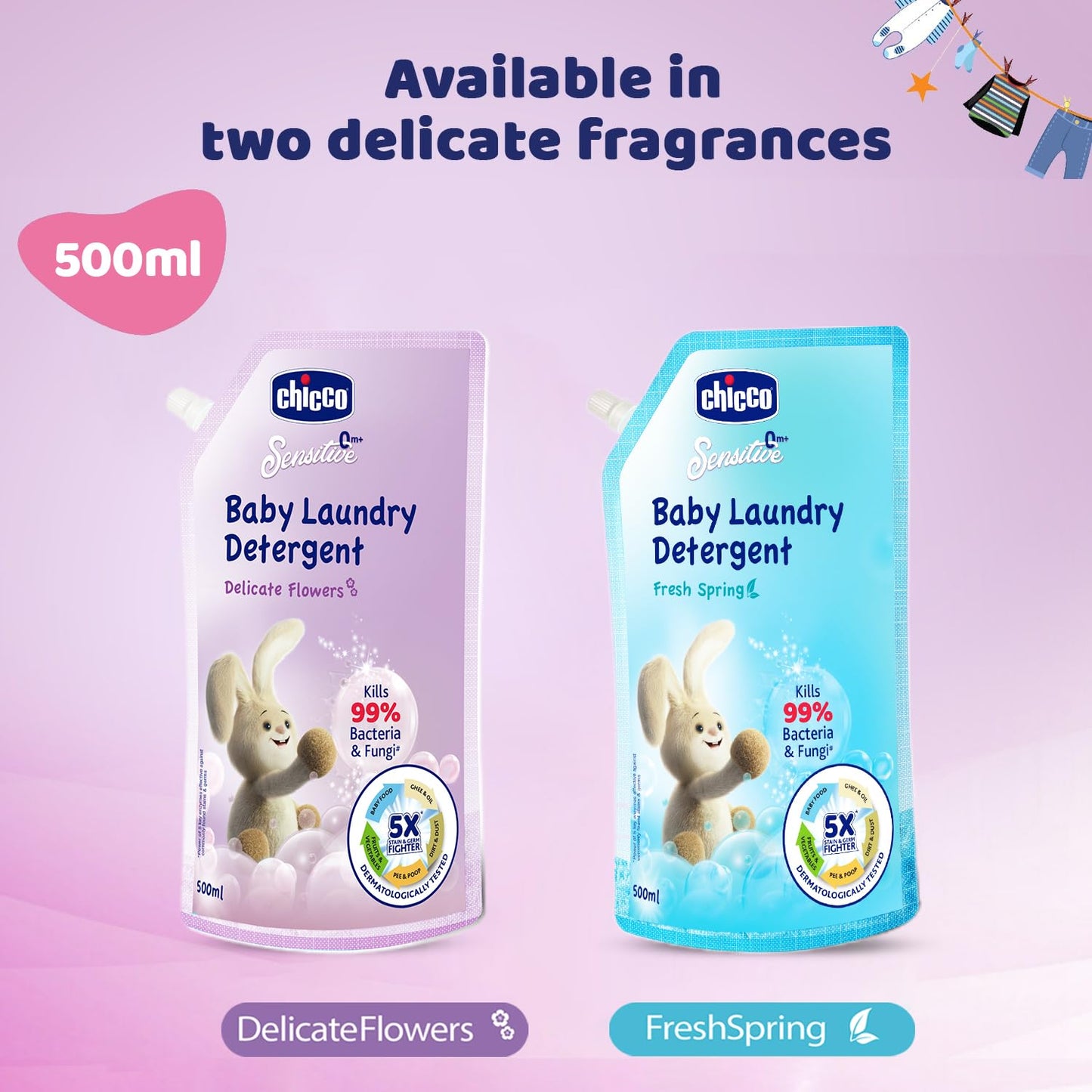 Chicco Baby Liquid Laundry Detergent, 5X Stain & Germ Fighter, Kills 99% of Germs, Dermatologically Tested, Effective & Gentle Cleaning, Delicate Flowers, Refill Pack (500 ML)