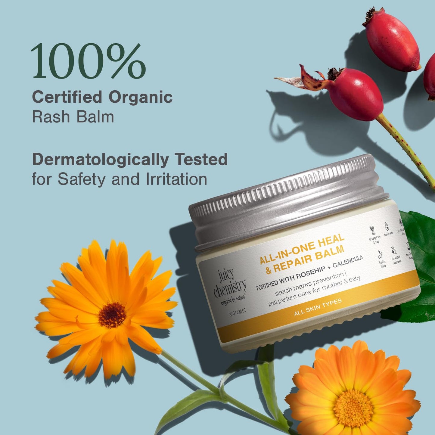 Juicy Chemistry All-In-One Heal & Repair Balm with Rosehip + Calendula, 25g | Multi-Purpose Organic Balm for Dry Skin, Lips, Elbows, Stretch Marks & Scars | Certified Organic, Fragrance-Free