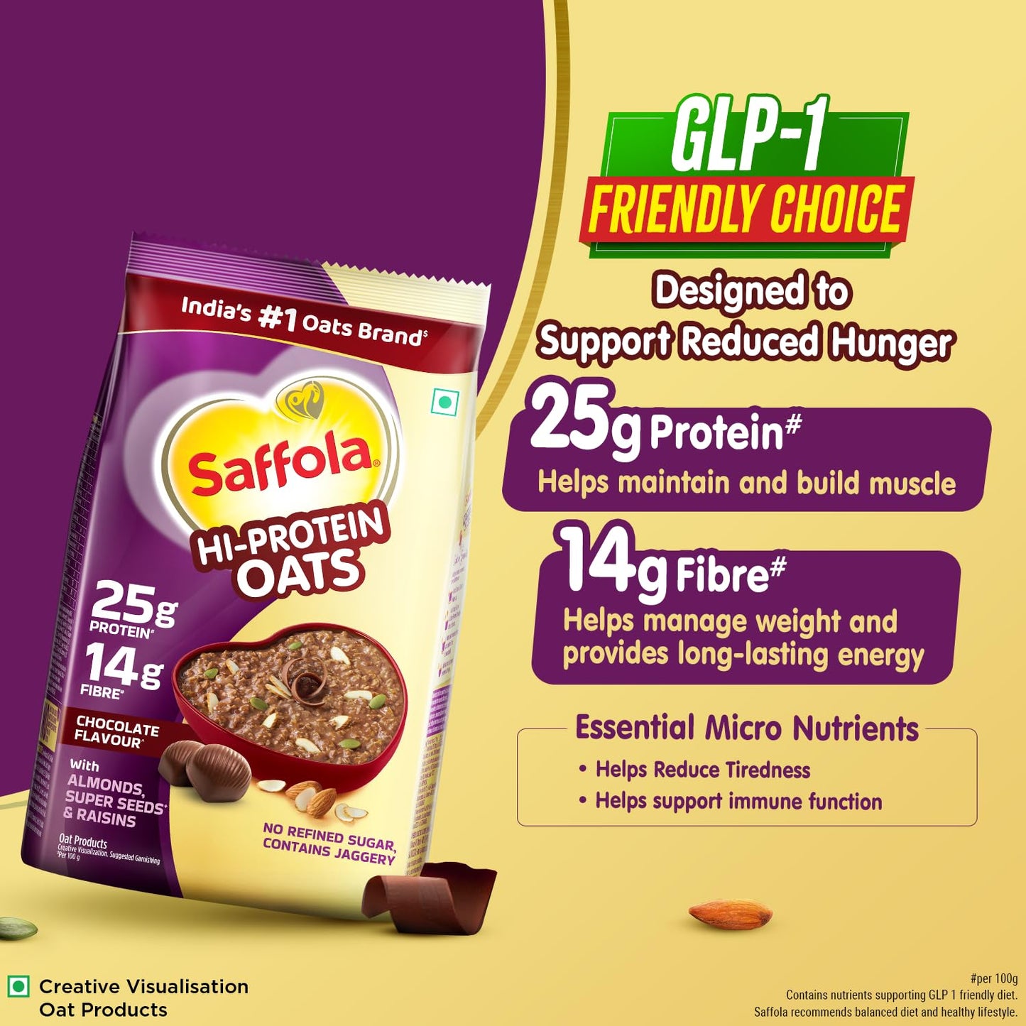 Saffola 25g High Protein Oats | 14g High Fibre | Chocolate flavour | No Refined Sugar | With Almonds, Raisin, Pumpkin and Chia Seeds | Rolled Oats for Weight management & Muscle gain