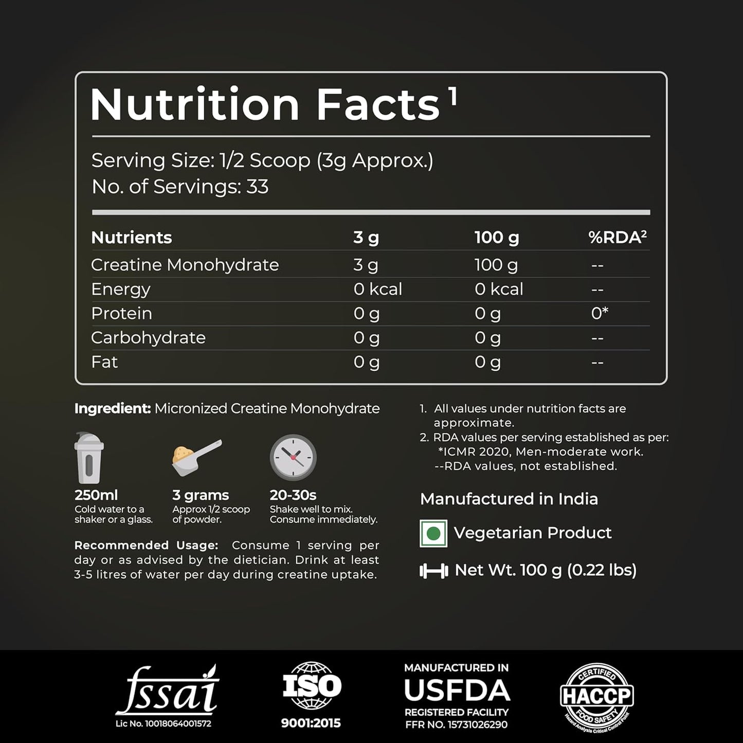 Nutrition facts label for a supplement product on a black background