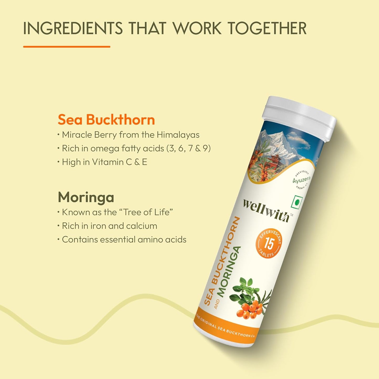 Wellwith Seabuckthorn + Moringa Effervescent Tablets | Immunity & Antioxidant Support | Natural Vitamin C & Iron | Vegan, Sugar-Free, Refreshing Orange Flavour | 15 Tablets (Pack of 1)