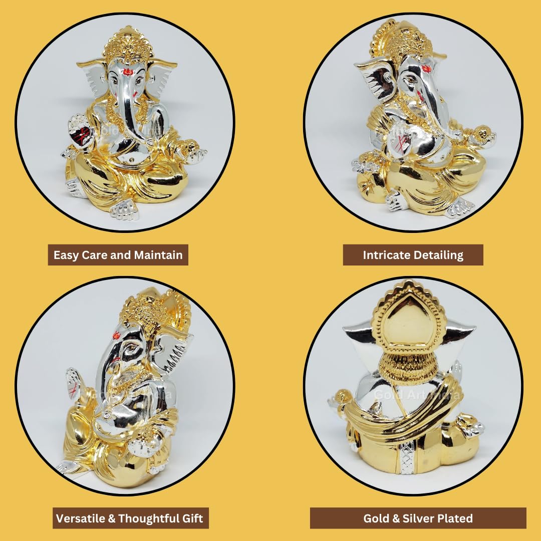 Gold Art India Gold and Silver Plated gaddi Ganesha Idol | Ganpati Bappa Murti | for Home Decor Puja Lord Ganesh Statue Gift for Office Desk Puja Room Figurine, Car Dashboard, House Warming (7.6 x 7.6 x 8.8)