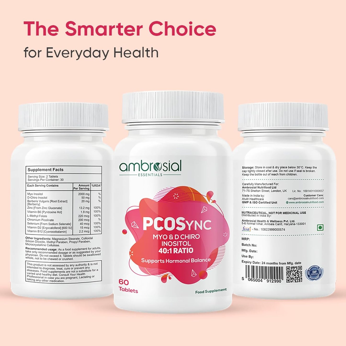 Three bottles of ambrosial PCOSync supplement on a pink background with text 'The Smarter Choice for Everyday Health'.