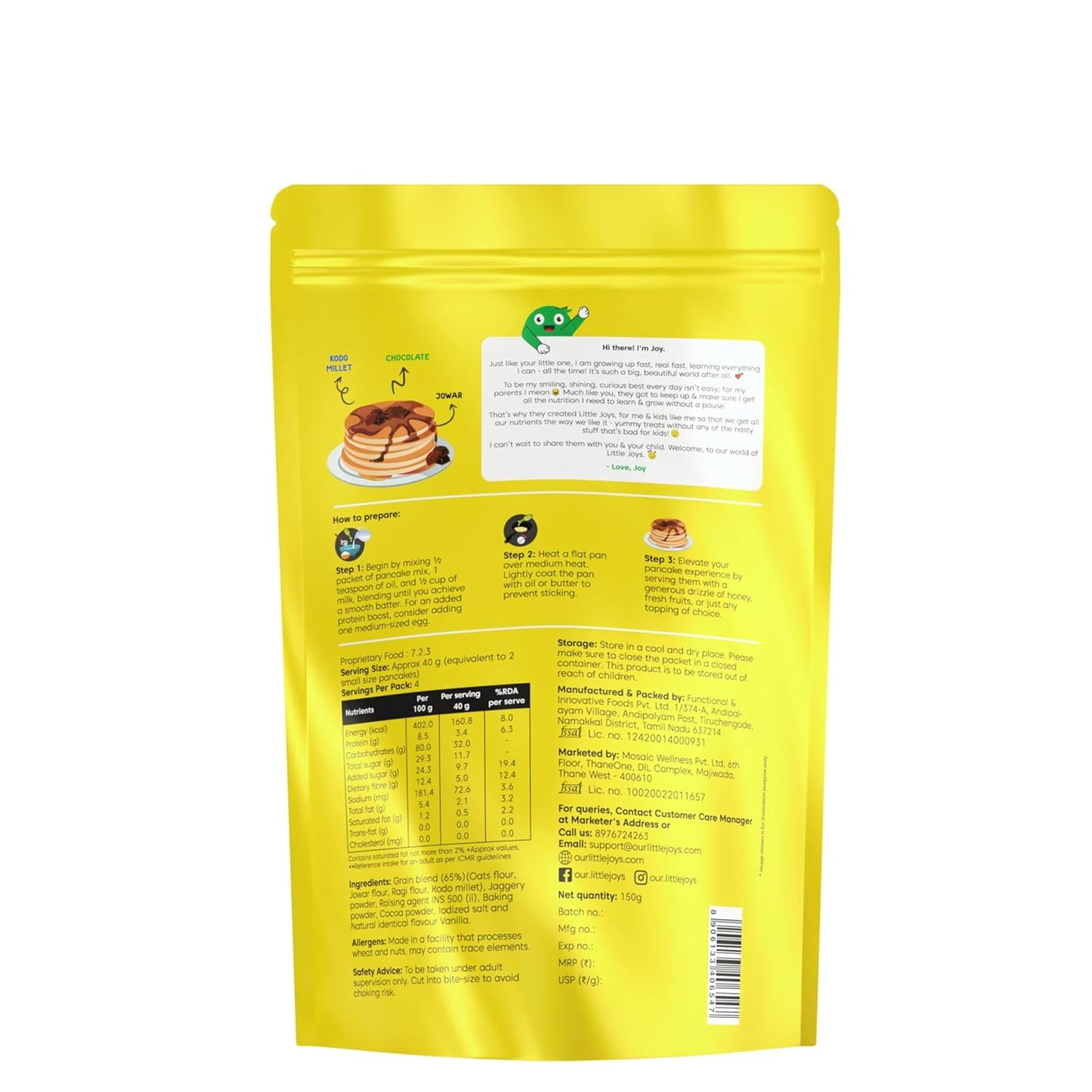 Little Joys Millet Pancake Mix | 8g Protein | Zero Refined Sugar | Chocolate Flavour | With Oats, Ragi, Jowar & Millets | No Maida, No Preservatives 150g
