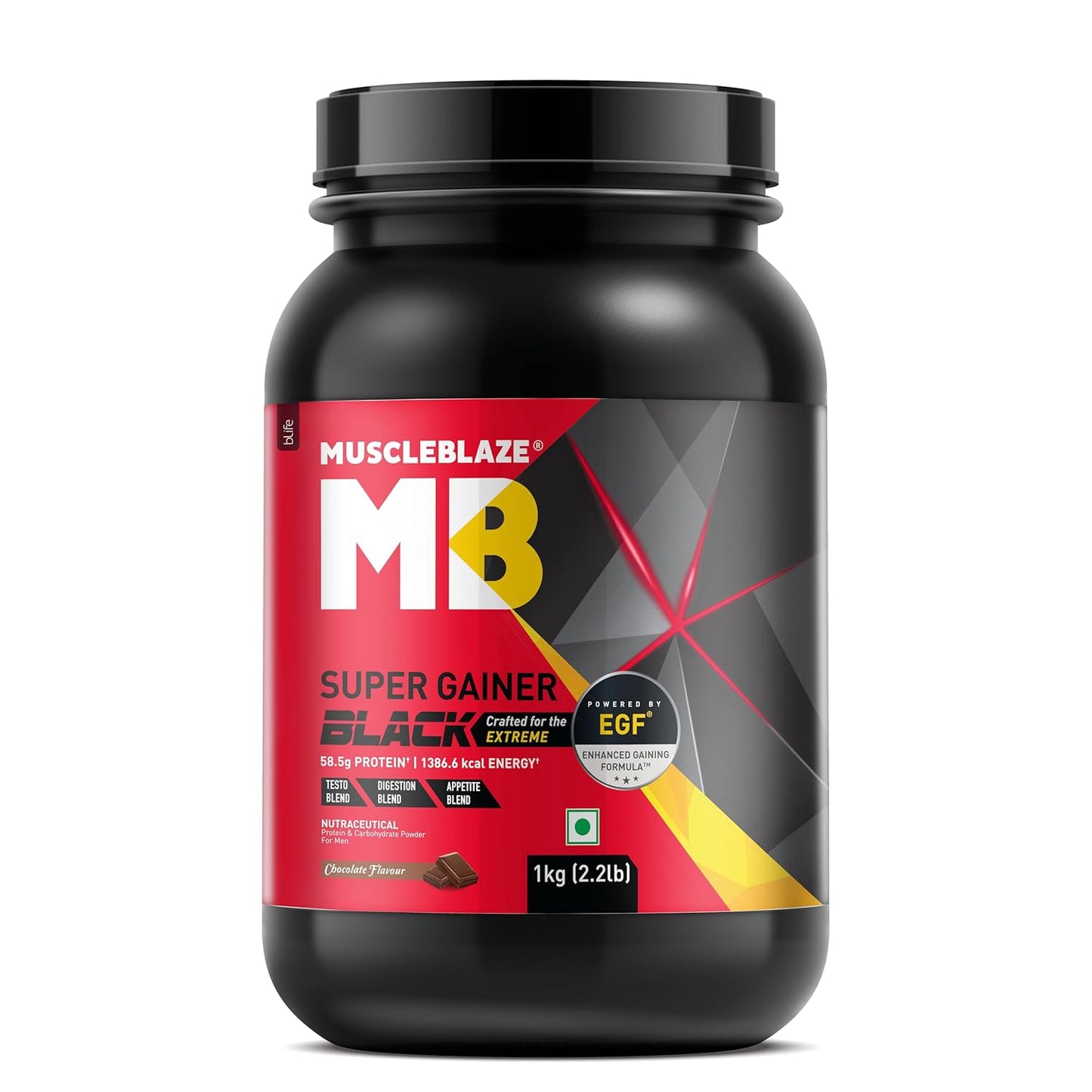 MuscleBlaze Super Gainer Black with Enhanced Gaining Formula™- Appetite, Digestion & Testo Blend for Muscle Mass Gain (Chocolate, 1 kg / 2.2 lb)