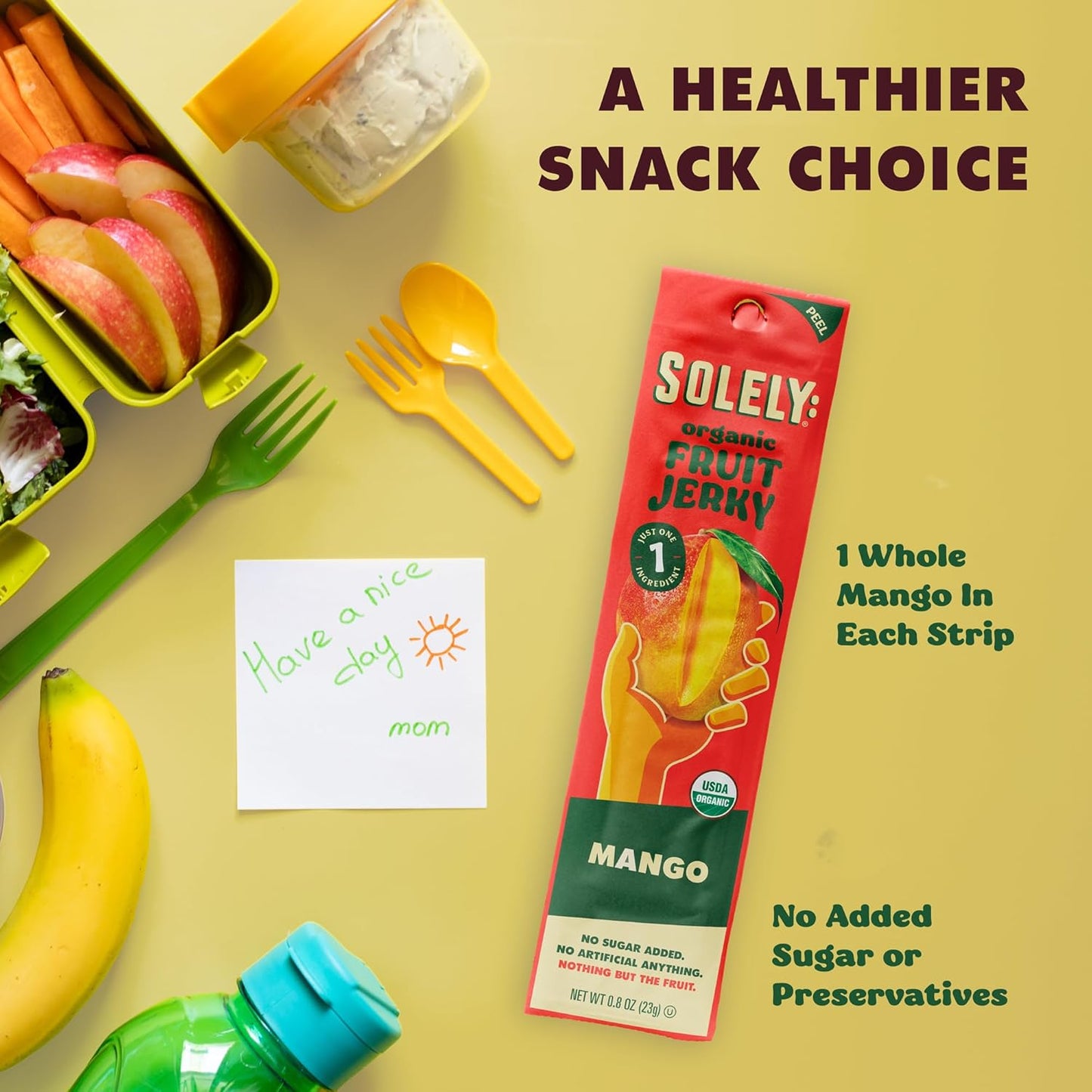 SOLELY - Organic Mango Fruit Jerky - 1 Individually Wrapped Fruit Strip - Fruit Leather Made from Dried Fruit - Healthy Snacks for Adults & Kids - Non GMO, Vegan Snacks, Shelf Stable - 0.8oz (23g)