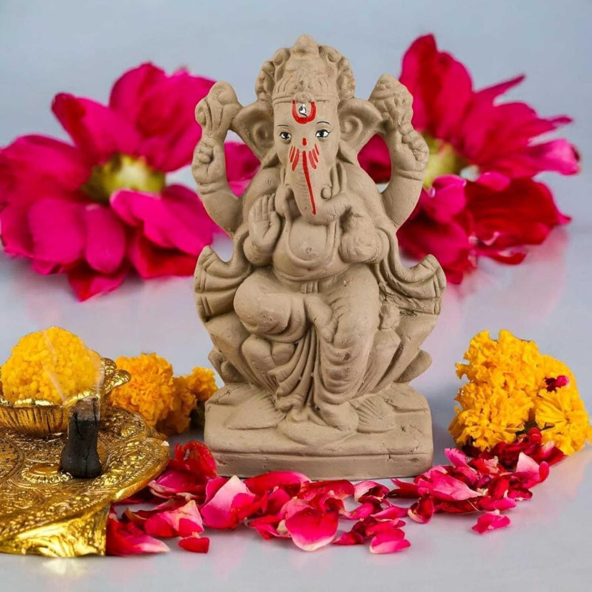 6 Inch Mitti Ganesh Idol Eco Friendly Handcrafted Clay Ganpati Murti for Visarjan Biodegradable Ganesha Statue for Ganesh Chaturthi Pooja Traditional Lotus Ganesh | Export Quality