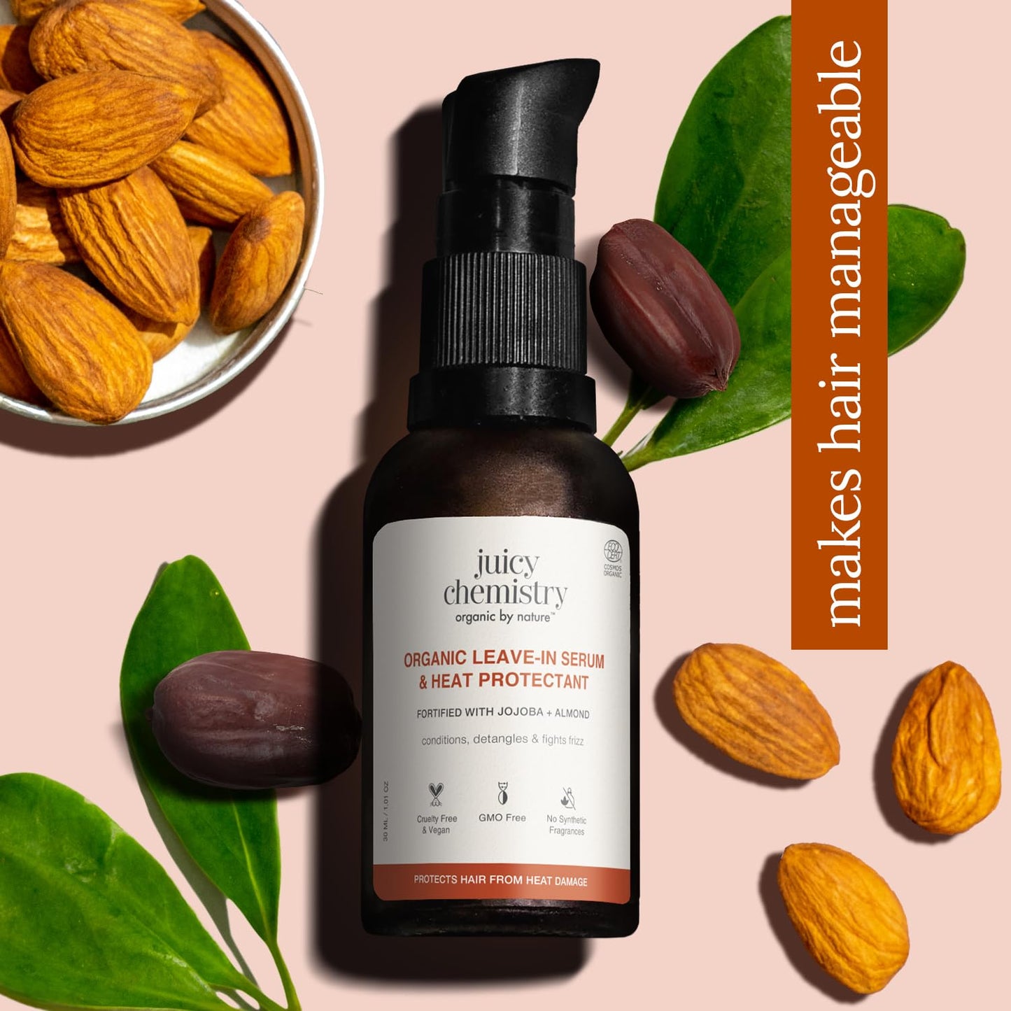 Juicy Chemistry Certified Organic Leave-in Hair Serum & Heat Protectant, 30 ml | Nourishes & Protects Hair | Prevents Dryness & Fizz | Adds Natural Shine | With Jojoba & Almond Oil | Dermatologically Tested | Cruelty Free & Vegan