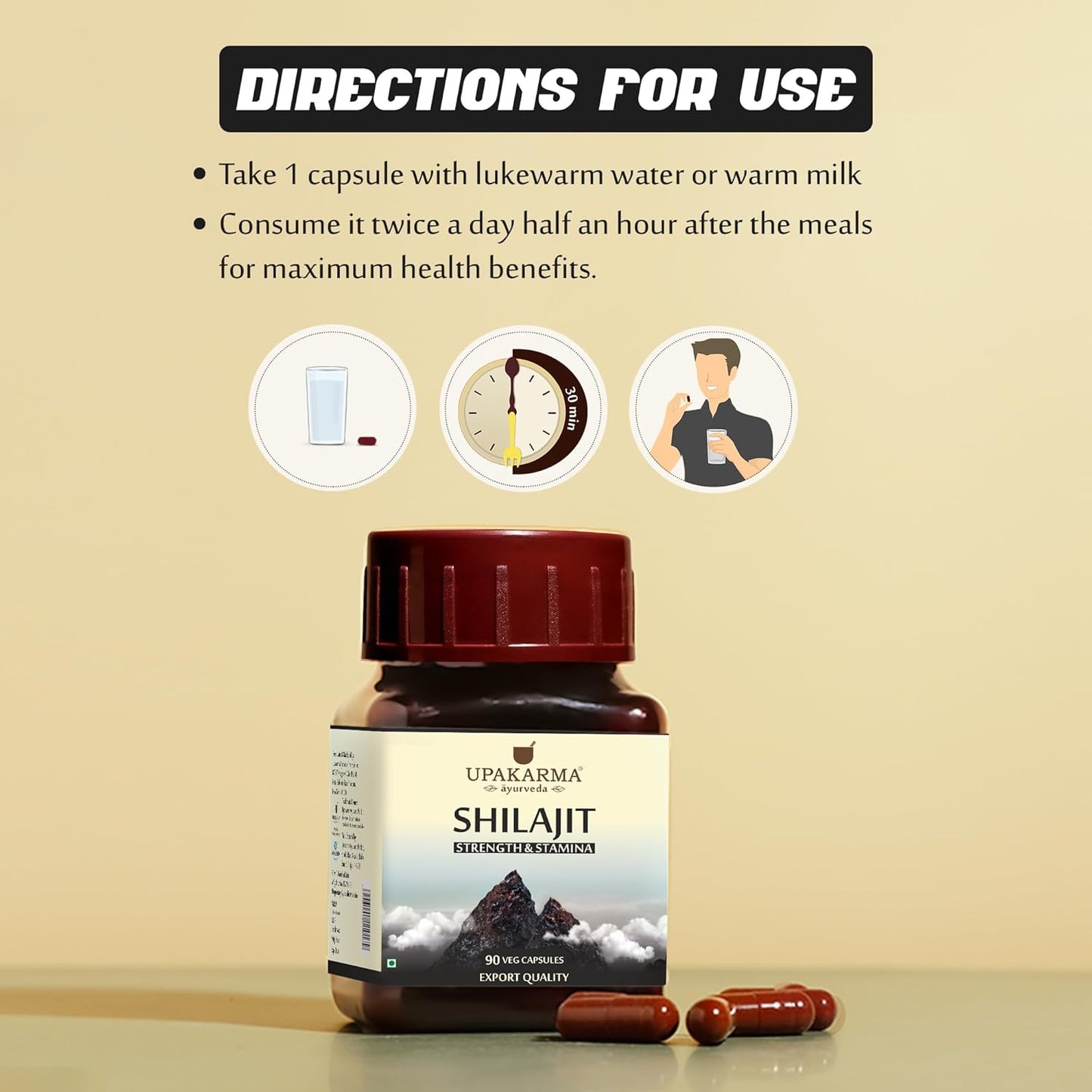 UPAKARMA Shilajit | Pure Extract Based (300 mg), Natural Strength & Stamina Booster |Lab Tested, R&D Backed 90 Veg Capsules- Pack of 1