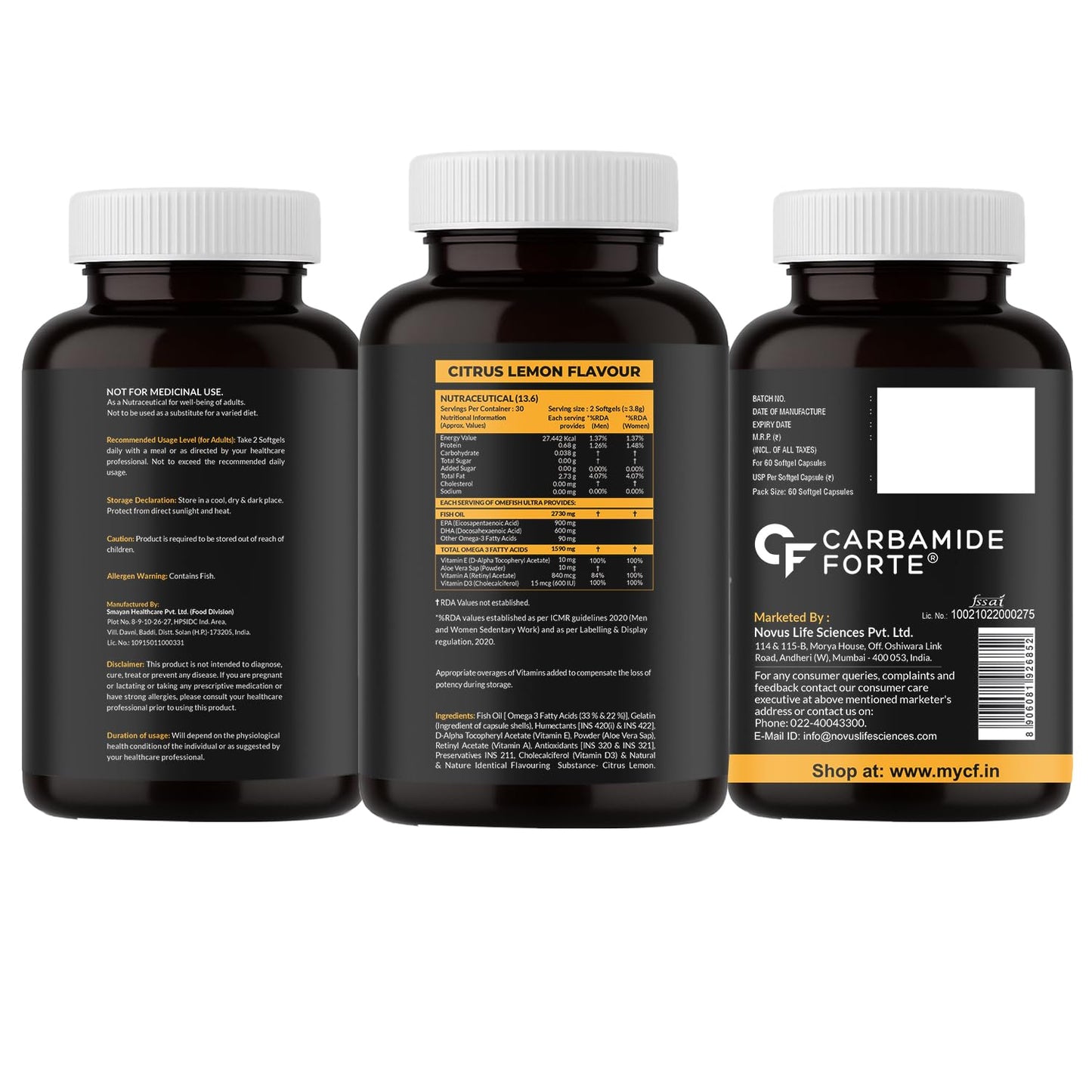 Carbamide Forte 5X Strength Omega 3 Fish Oil Capsules 2730mg | Omega 3 Supplement To Support Supports Overall Health & Skin | Fish Oil Omega3 Capsules With Added Aloevera, Vitamin D3, Vitamin E For Men & Women - 60 Softgels