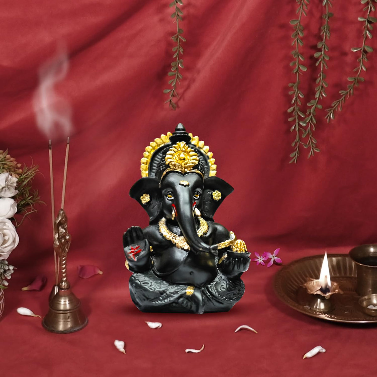 Gold Plated Ganesha Idol Ganesh for Home Decor Puja Statue Ganpati Vinayaka Vinayagar Figurine Diwali Gifts Home Decor Murti Sculpture and Religious (8.89 x 5.08 cm) (Dark Grey)