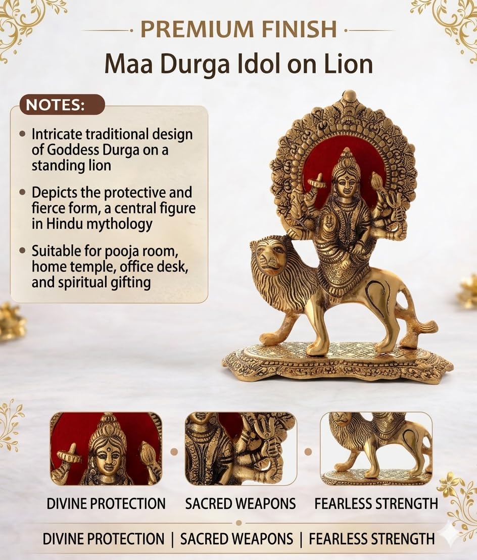 Handcrafted Brass Maa Durga Statue on Lion - Golden Finish Sherawali MATA Idol for Home Mandir, Navratri Pooja Decor & Gifting