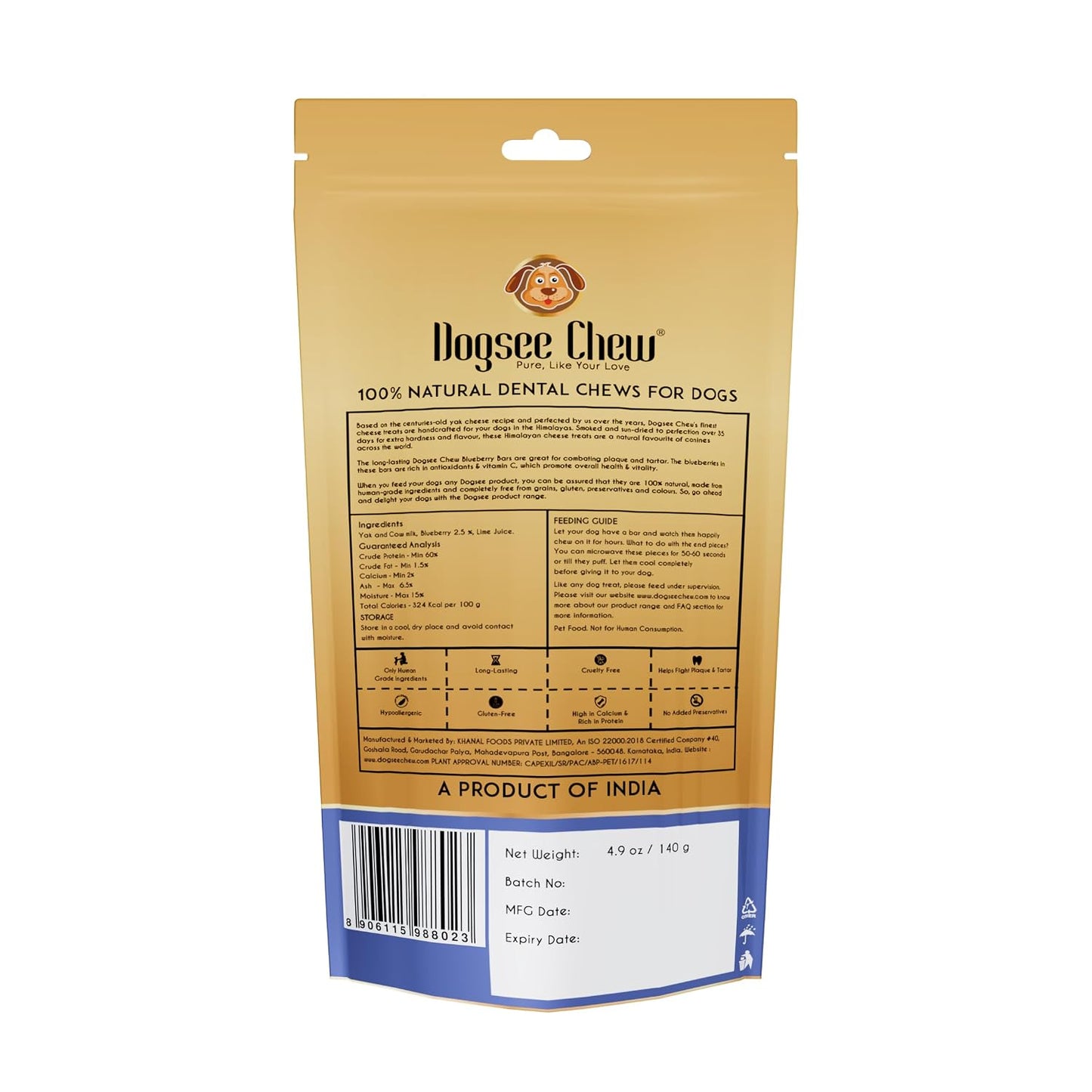 Dogsee Flavored Himalayan Yak Cheese Dental Chews for Dogs 140g (Medium - 2 Chews) | for Healthy Skin & Coat | No Grain, No Gluten | Odorless Dog Treats (Medium, Blueberry)