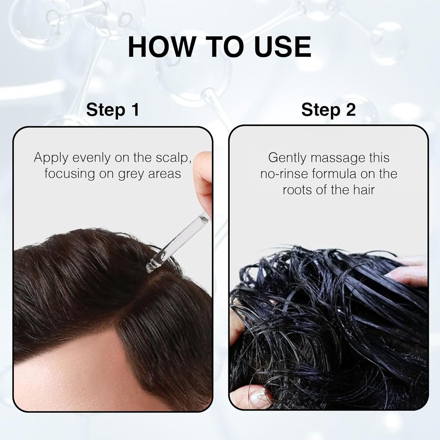 Instructions on how to use a hair product with text and images of application.