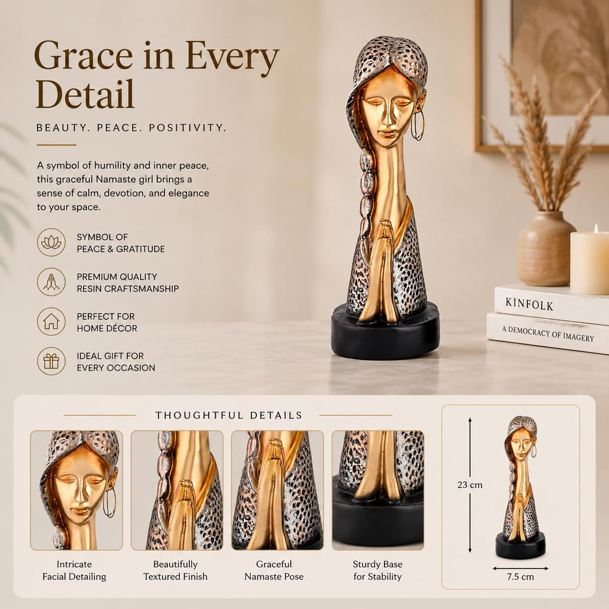 Graceful Resin Namaste Statue of a Girl |Elegant Spiritual Décor (Pack of 1, Golden & Silver)