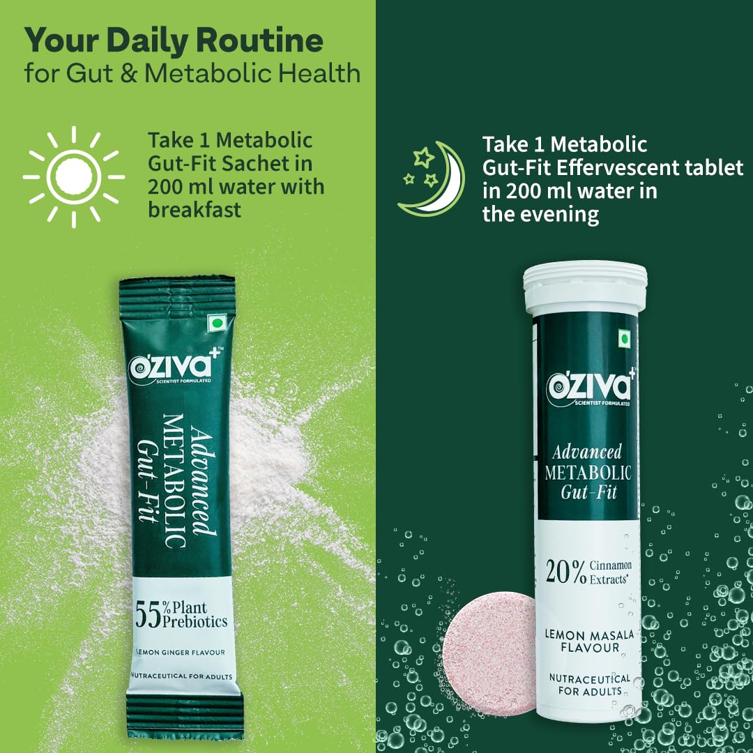 OZiva+ Advanced Metabolic Gut-Fit For Gut & Metabolic Heath | With Cinnamon Polyphenols, B420™ Probiotic, Oat Fiber Prebiotic | 30 Sachets + 30 Effervescent Tablets