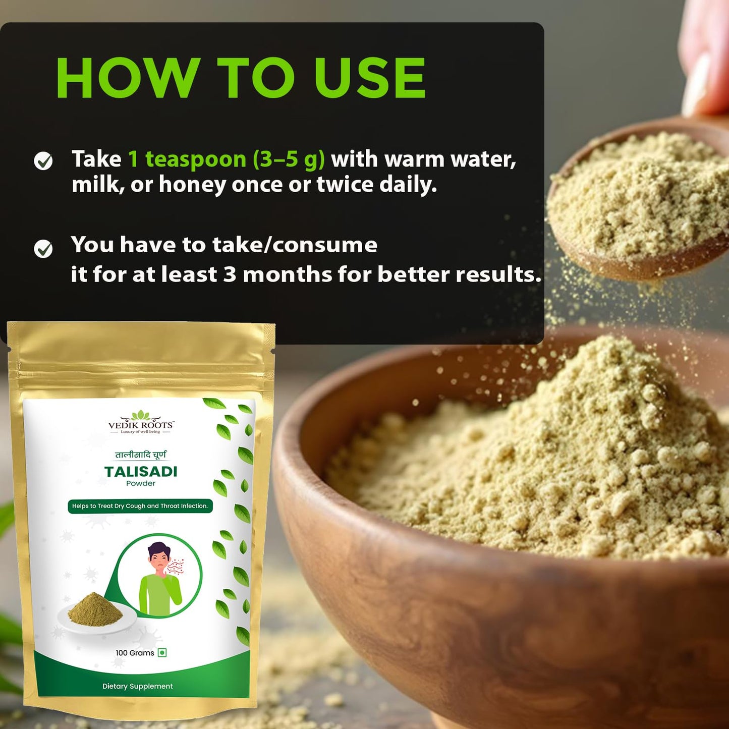 Vedika Herbs Talisadi powder packaging with usage instructions and a bowl of powder.