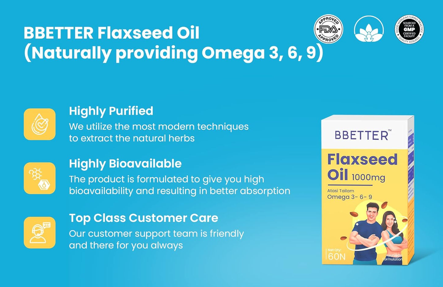 BBETTER Flaxseed Oil Softgels | Omega 3 6 9 Vegetarian Capsules for a Healthy Heart & Brain | 1000mg Flaxseed Oil capsules | No Fish Oil Used | 60 Capsules