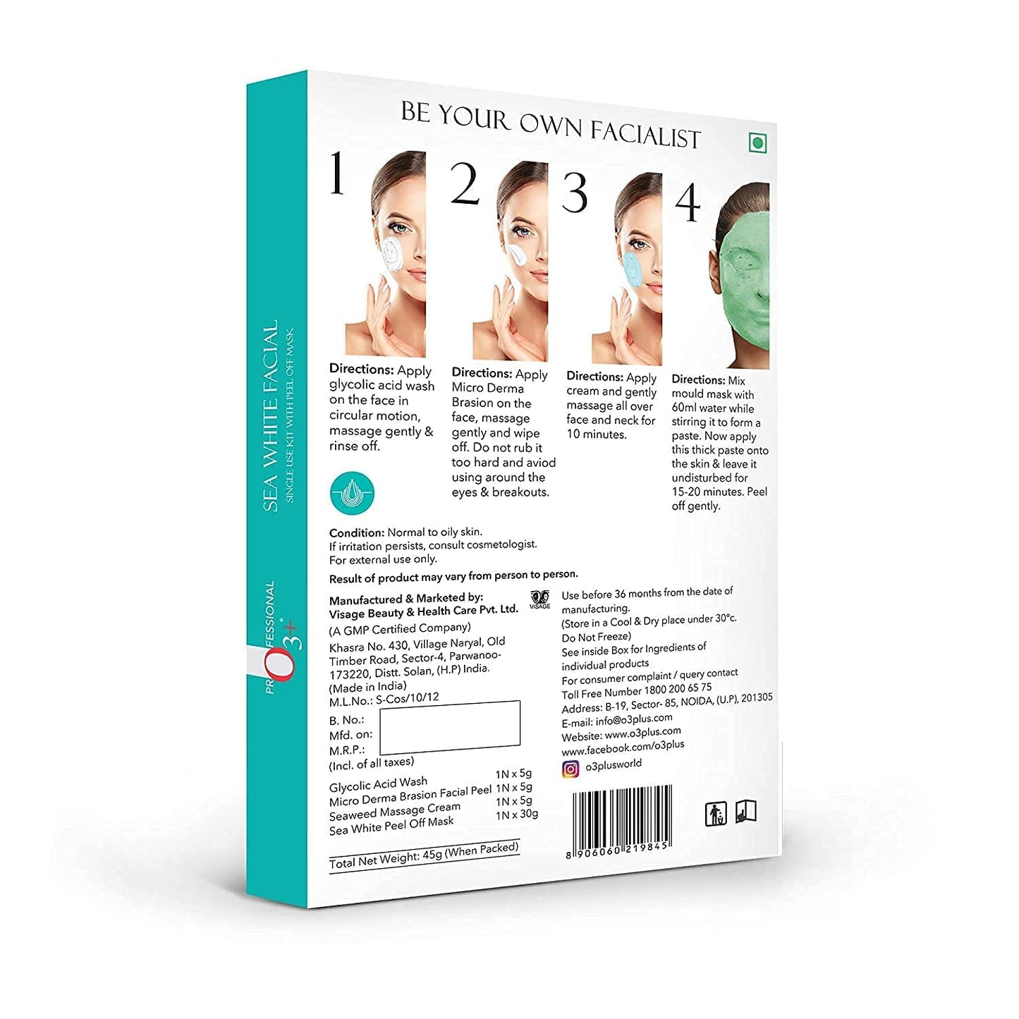 Zephivo O3+ Sea White Brightening Facial Kit With Peel Off Mask Suitable For Normal To Oily Types (45g, Single Use Facial Kit)