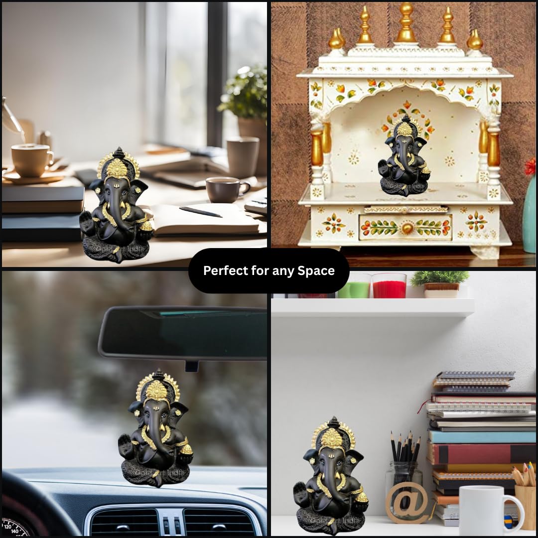 Gold Art India Terracotta Black Ganesh Idol for Car Dashboard Small Ganesha Murti Ganpati Idol for Home Decor Puja Lord Ganesh Statue Gift for Office Desk Puja Room Figurine 3.5 X 2 Inches, Idol