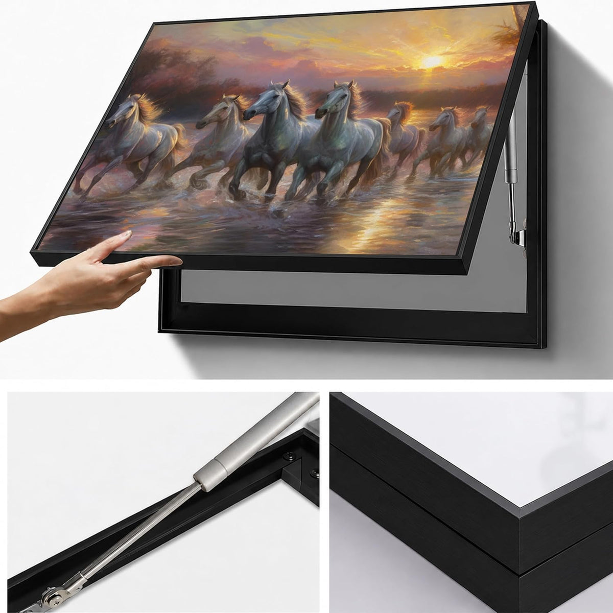 Electric MCB Box Cover Frame With Hydraulic Decorative Painting White 7 Running Horse Painting Electrical Panel box Cover, Switch Box Frame Will Fit Max 10x14 inch Switch Board, Outer Size 13X17 Inch