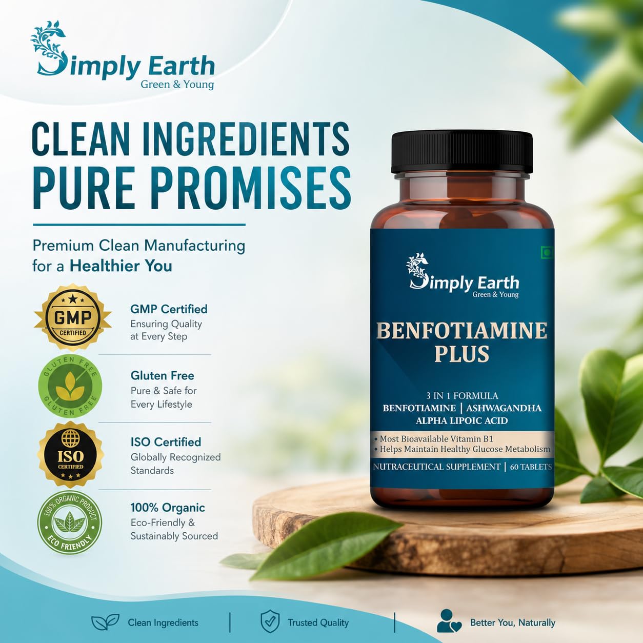 Simply Earth Benfotiamine+ 600mg with Ashwagandha & Alpha Lipoic Acid - Helps Maintain Blood Sugar Levels Supplement - Promotes Nerve Health & Metabolic Function - High Potency B1 Vitamin Supplement - 60 Tablets